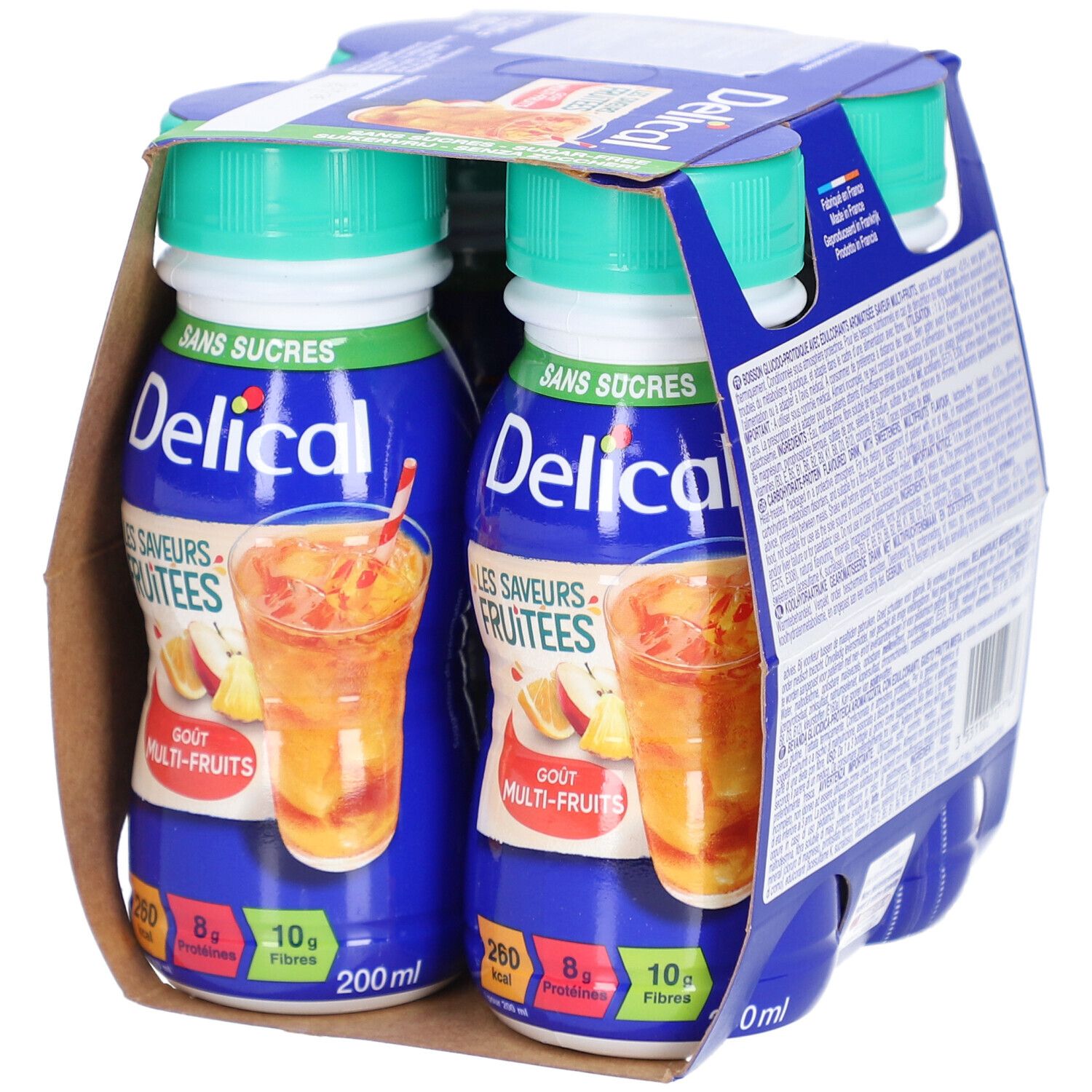 Packung mit 4 Flaschen Delical. Blaue Verpackung mit Produktabbildung. Aufschrift: Les Saveurs Fruitees, Goût Multi-Fruits, Sans Sucres.