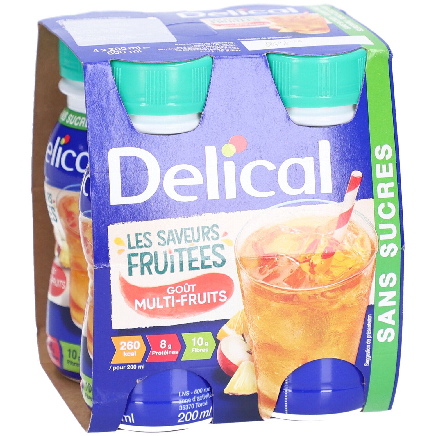 Packung mit 4 Flaschen Delical. Blaue Verpackung mit Produktabbildung. Aufschrift: Les Saveurs Fruitees, Goût Multi-Fruits, Sans Sucres.