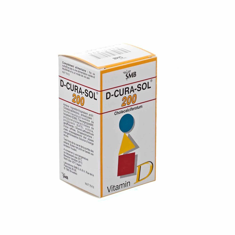 Boîte de D-Cura-Sol 200, vitamine D. Blanc, jaune et rouge. Logo SMB.