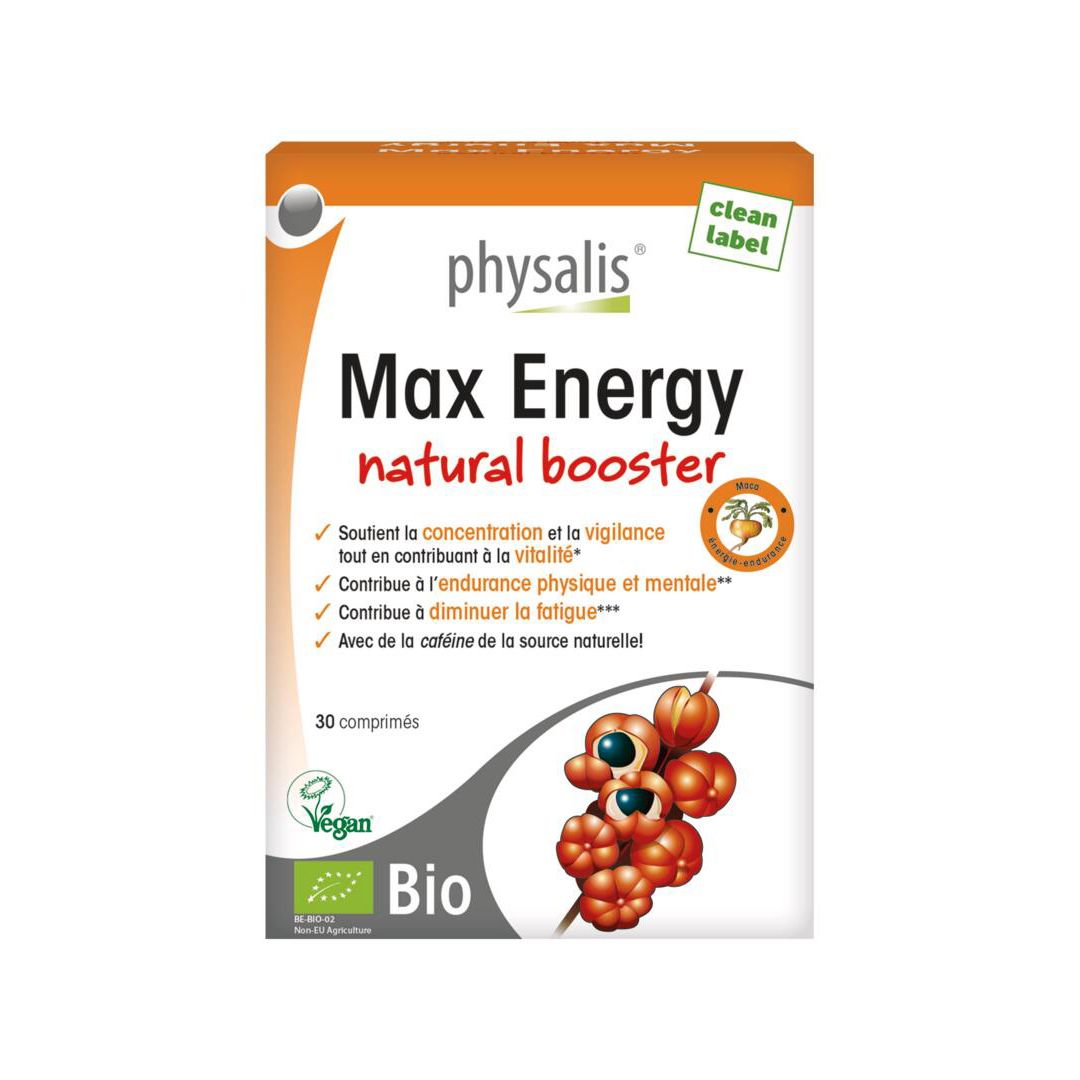 Boîte de Physalis Max Energy. Contient 30 comprimés. Inscription: Max Energy natural booster. Avec label Bio et logo Vegan.