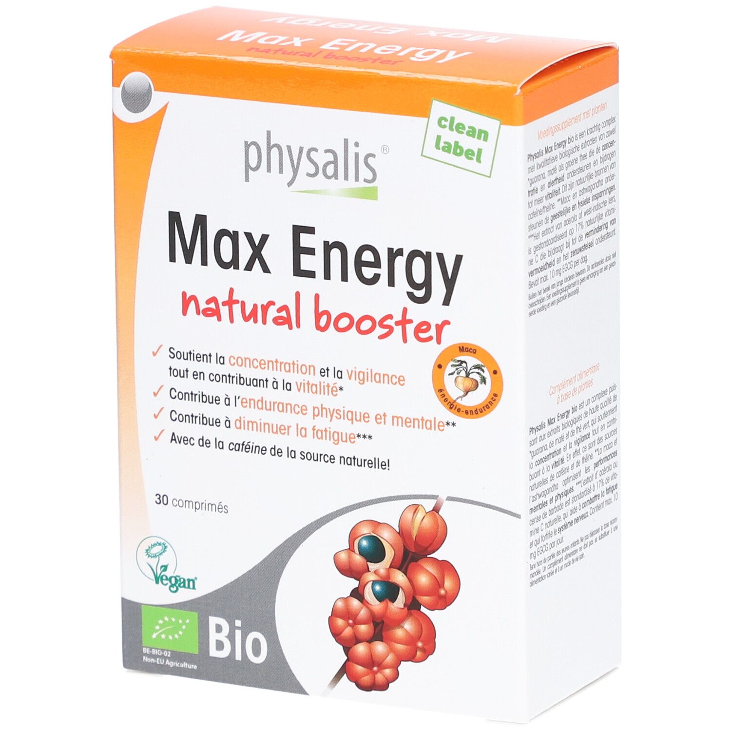 Boîte de Physalis Max Energy. Contient 30 comprimés. Inscription: Max Energy natural booster. Avec label Bio et logo Vegan.