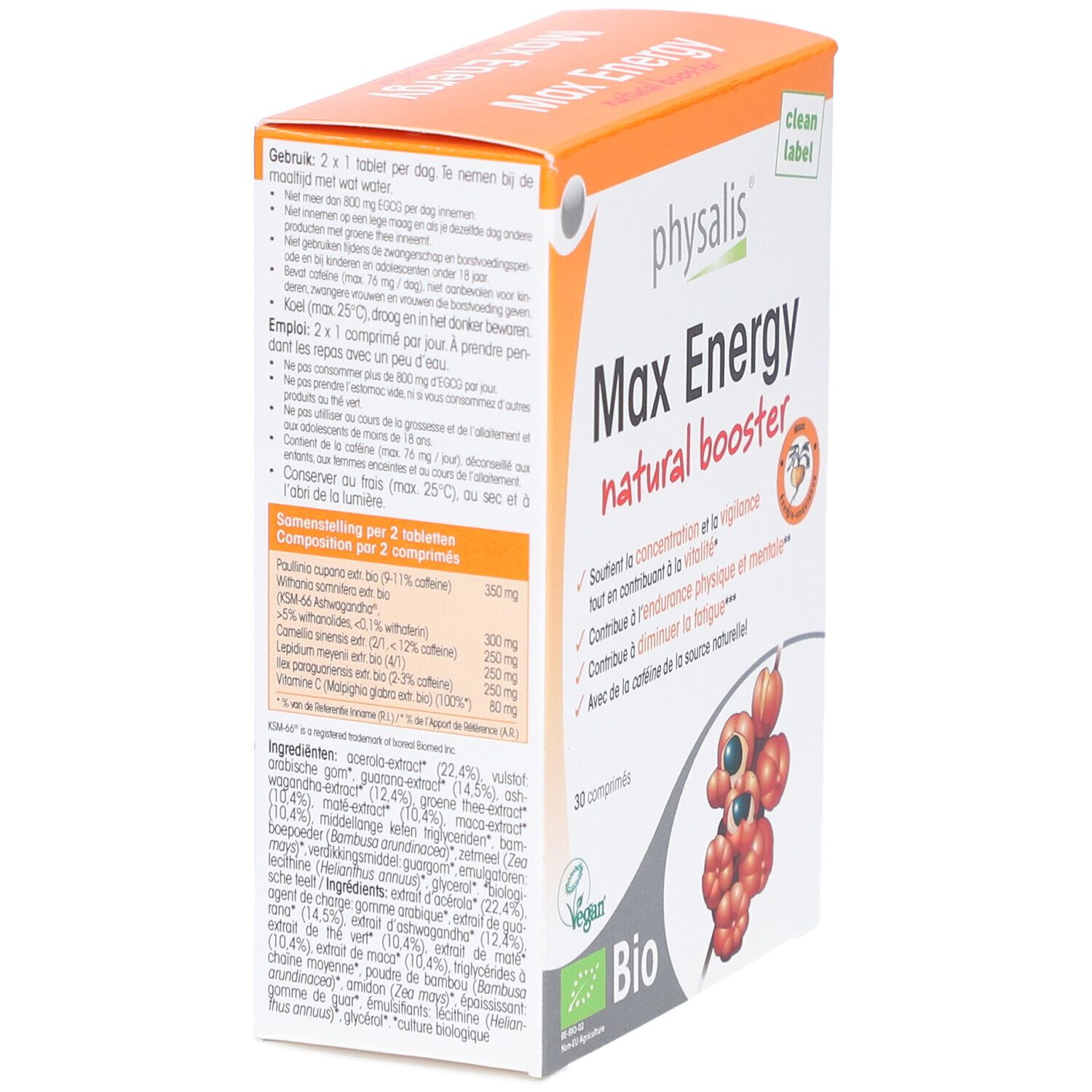 Dos de la boîte Physalis Max Energy. Contient des informations sur les ingrédients et le dosage. Avec label Bio et logo Vegan.