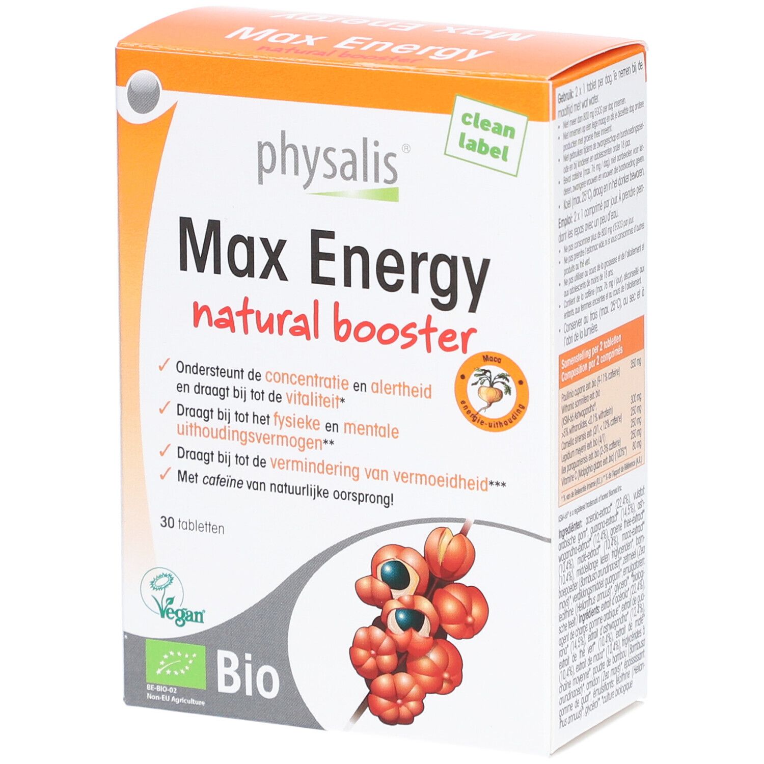Boîte de Physalis Max Energy. Contient 30 comprimés. Inscription: Max Energy natural booster. Avec label Bio et logo Vegan.