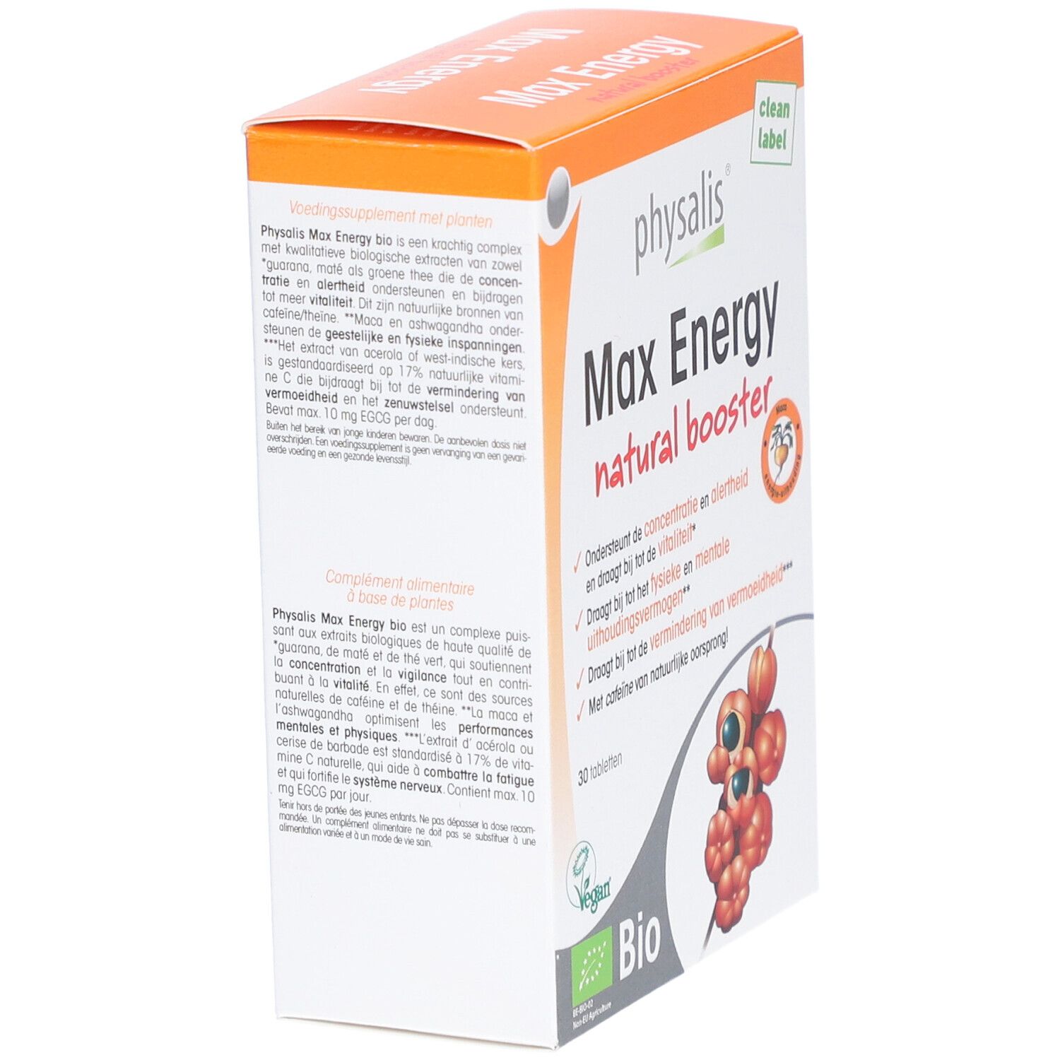 Boîte de Physalis Max Energy. Contient 30 comprimés. Inscription: Max Energy natural booster. Avec label Bio et logo Vegan.