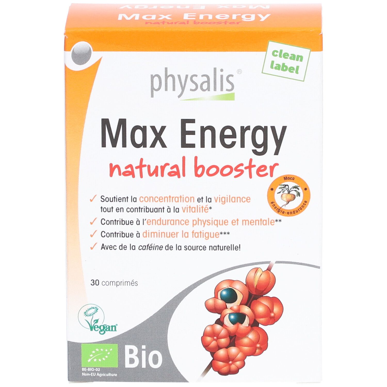 Boîte de Physalis Max Energy. Contient 30 comprimés. Inscription: Max Energy natural booster. Avec label Bio et logo Vegan.
