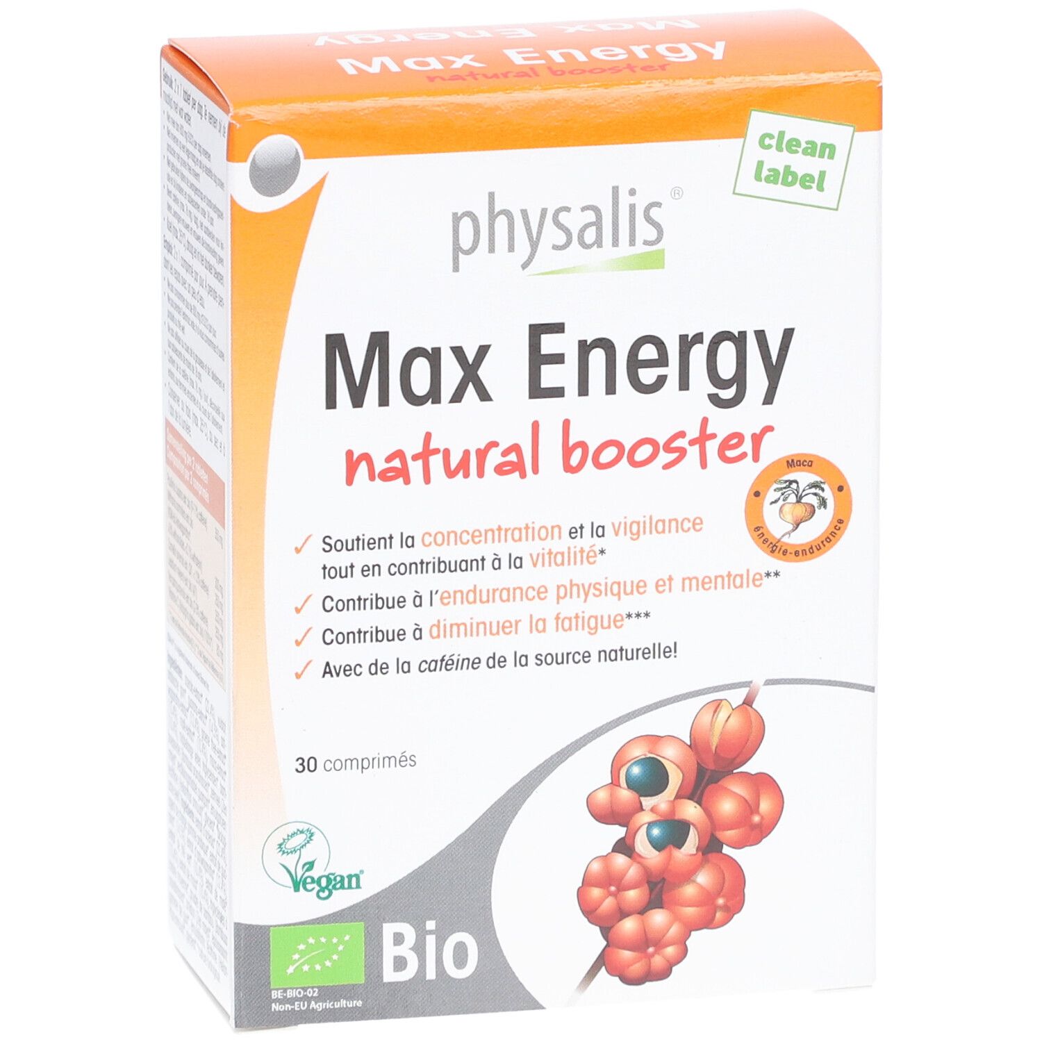 Boîte de Physalis Max Energy. Contient 30 comprimés. Inscription: Max Energy natural booster. Avec label Bio et logo Vegan.