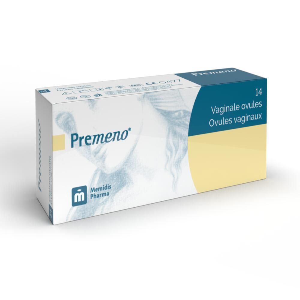 Doosje "Premeno" met opschrift "Vaginale ovules". Bevat 14 ovules. Memidis Pharma logo.