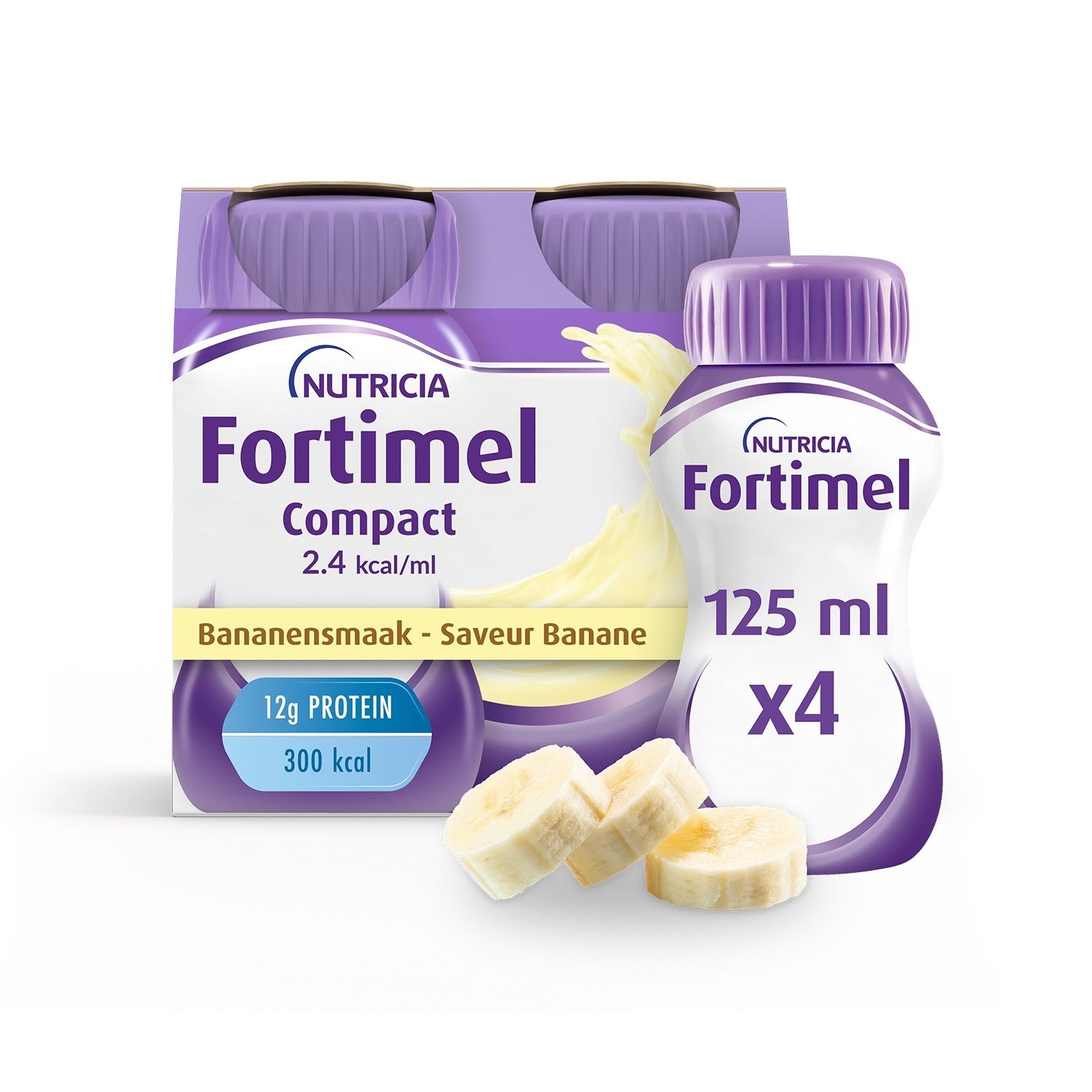 Emballage de quatre bouteilles. Inscription : Fortimel Compact 2.4 kcal/ml. Saveur banane.