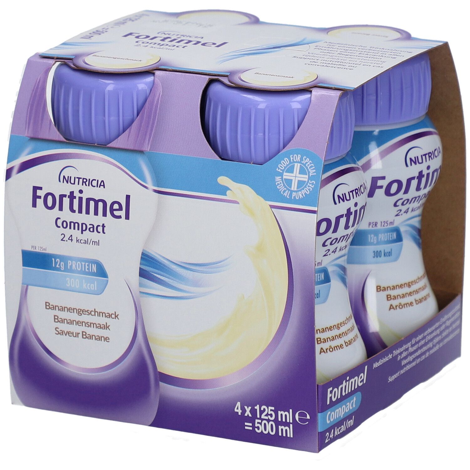 Emballage de quatre bouteilles. Bouteilles avec bouchons violets. Inscription : Fortimel Compact 2.4 kcal/ml.