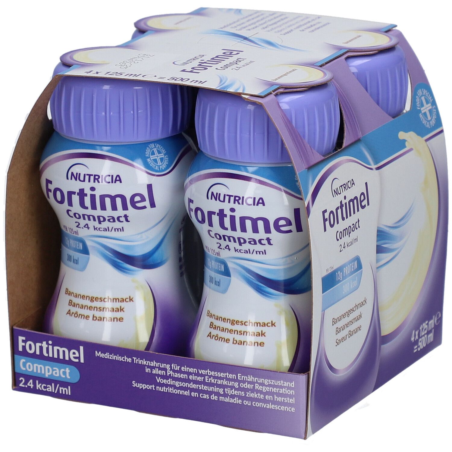 Emballage de quatre bouteilles. Bouteilles avec bouchons violets. Inscription : Fortimel Compact 2.4 kcal/ml.