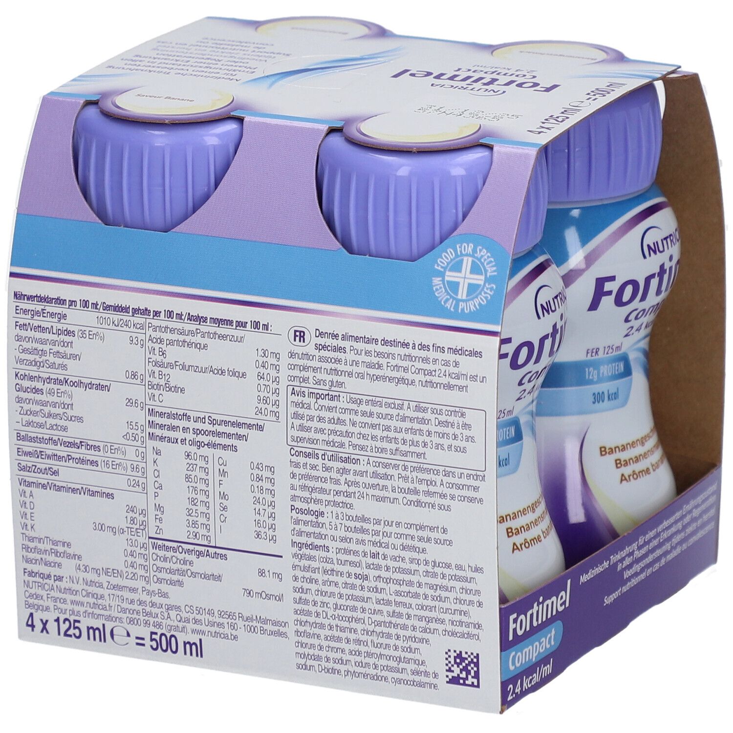 Emballage de quatre bouteilles. Bouteilles avec bouchons violets. Inscription : Fortimel Compact 2.4 kcal/ml.