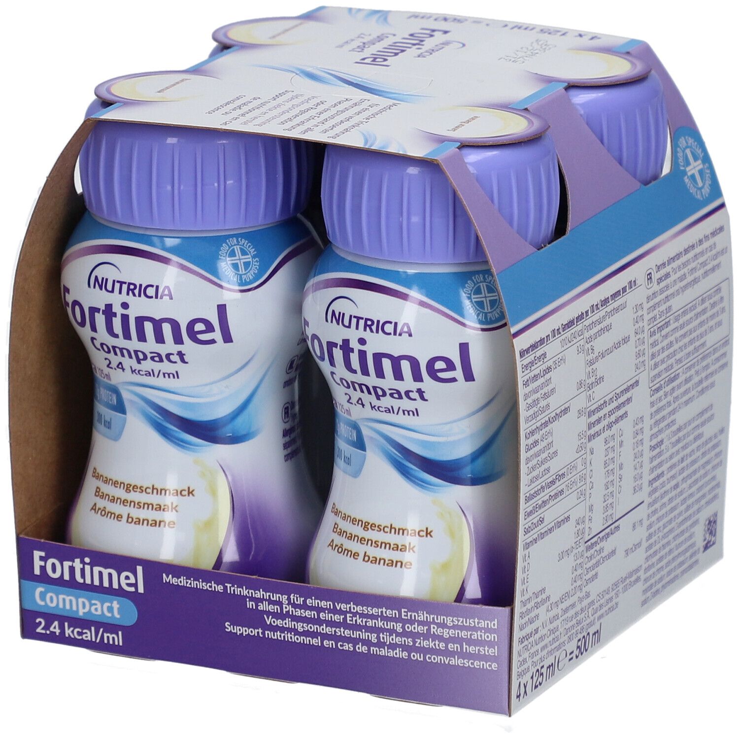 Emballage de quatre bouteilles. Bouteilles avec bouchons violets. Inscription : Fortimel Compact 2.4 kcal/ml.