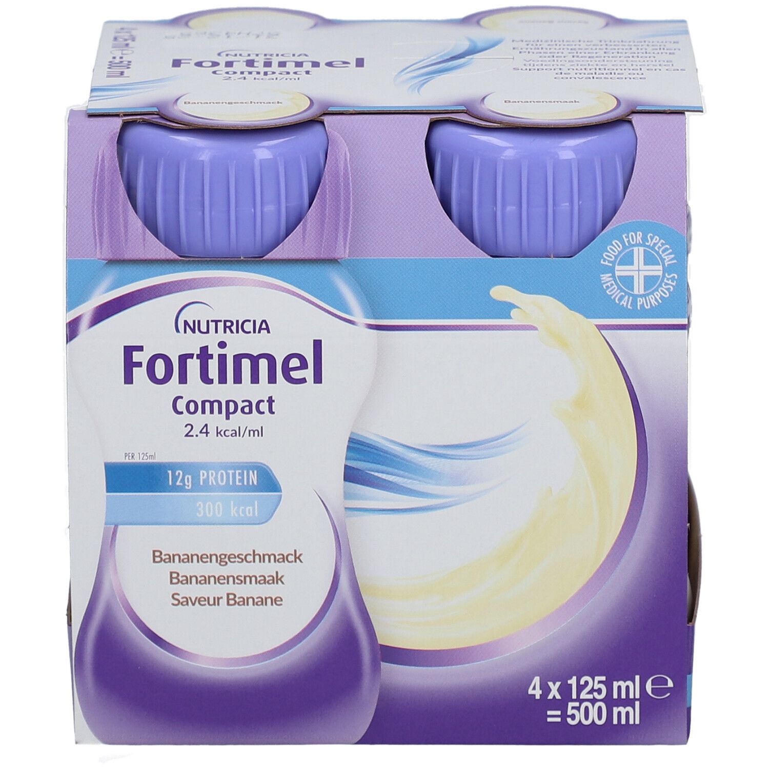 Emballage de quatre bouteilles. Bouteilles avec bouchons violets. Inscription : Fortimel Compact 2.4 kcal/ml.