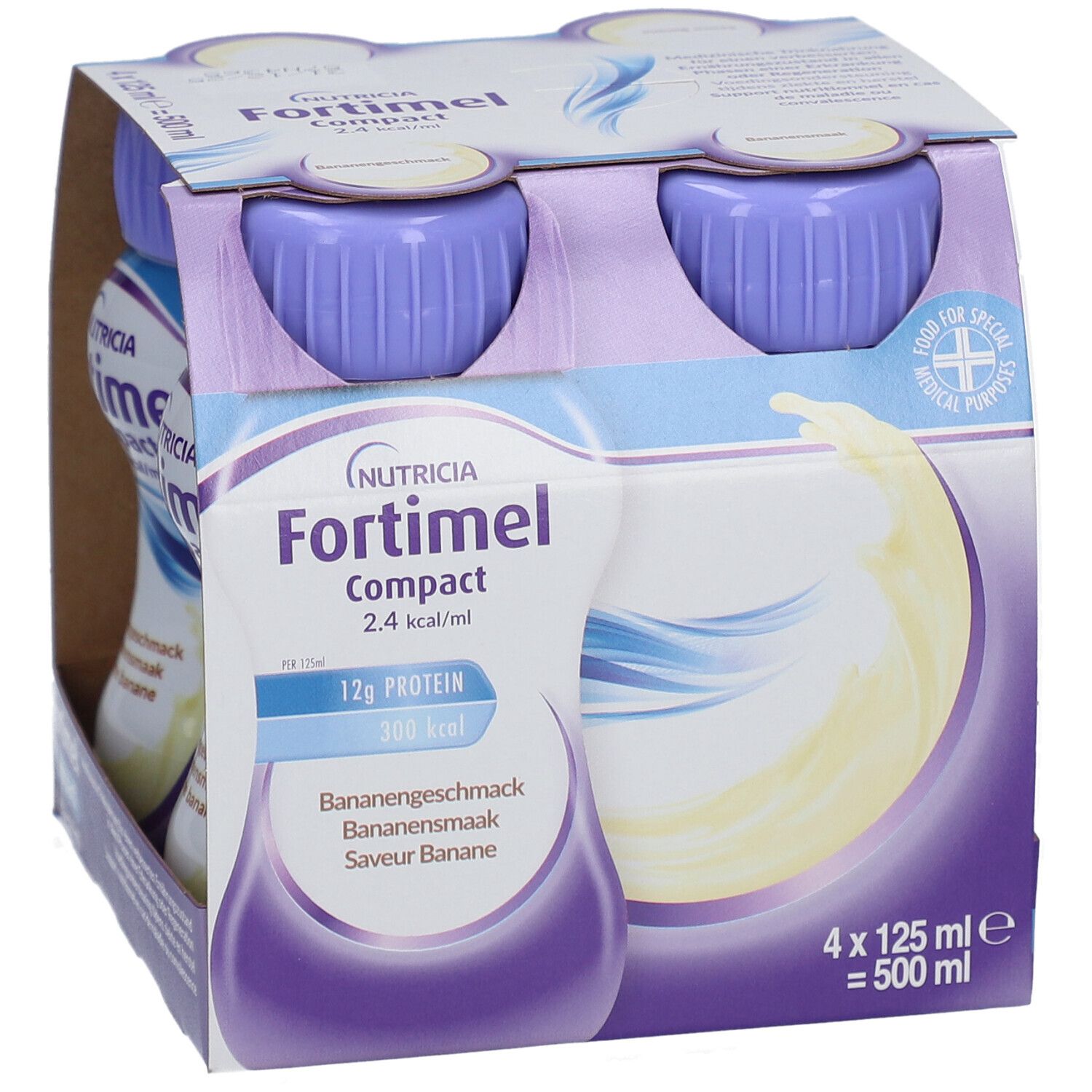 Emballage de quatre bouteilles. Bouteilles avec bouchons violets. Inscription : Fortimel Compact 2.4 kcal/ml.
