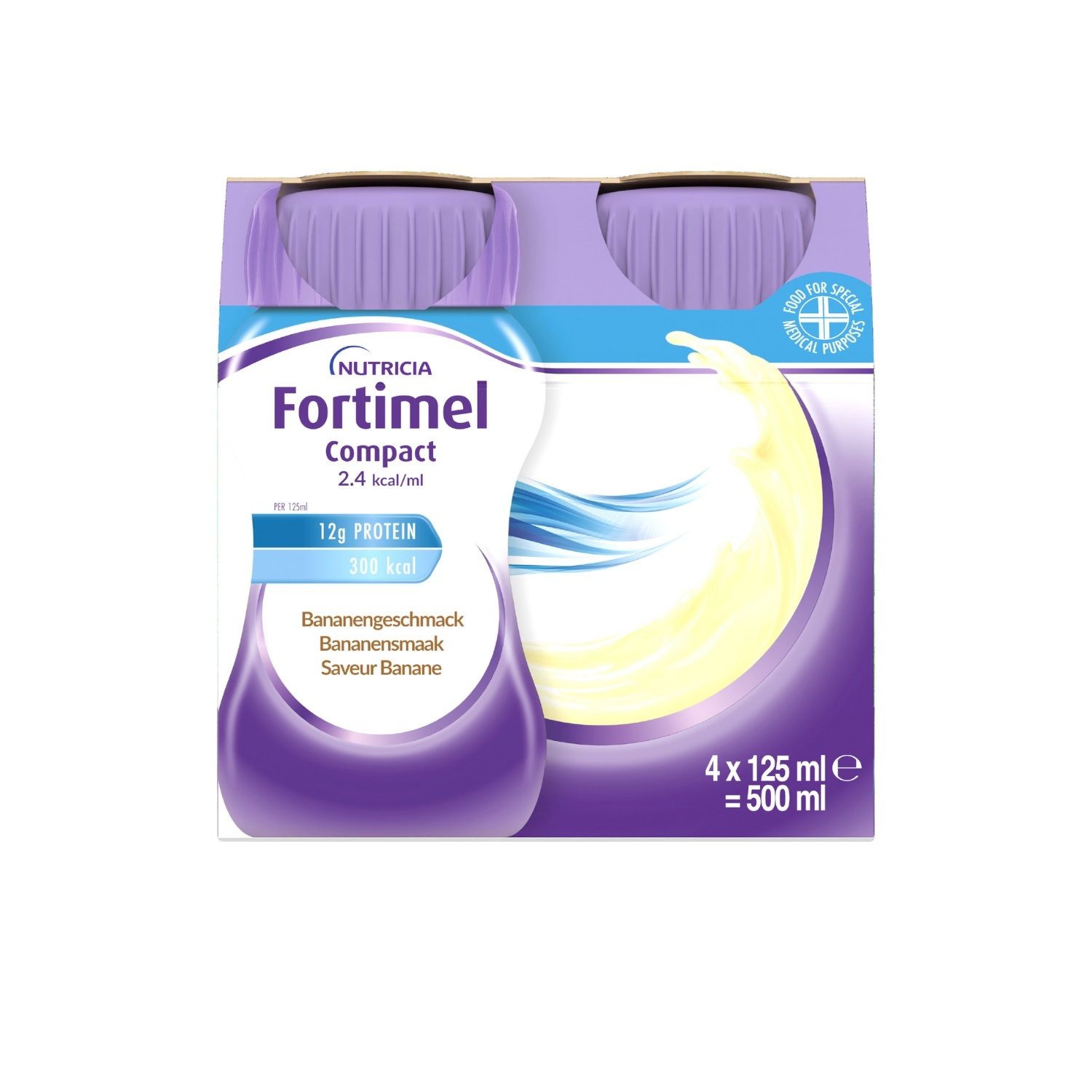 Emballage de quatre bouteilles. Inscription : Fortimel Compact 2.4 kcal/ml. Saveur banane.