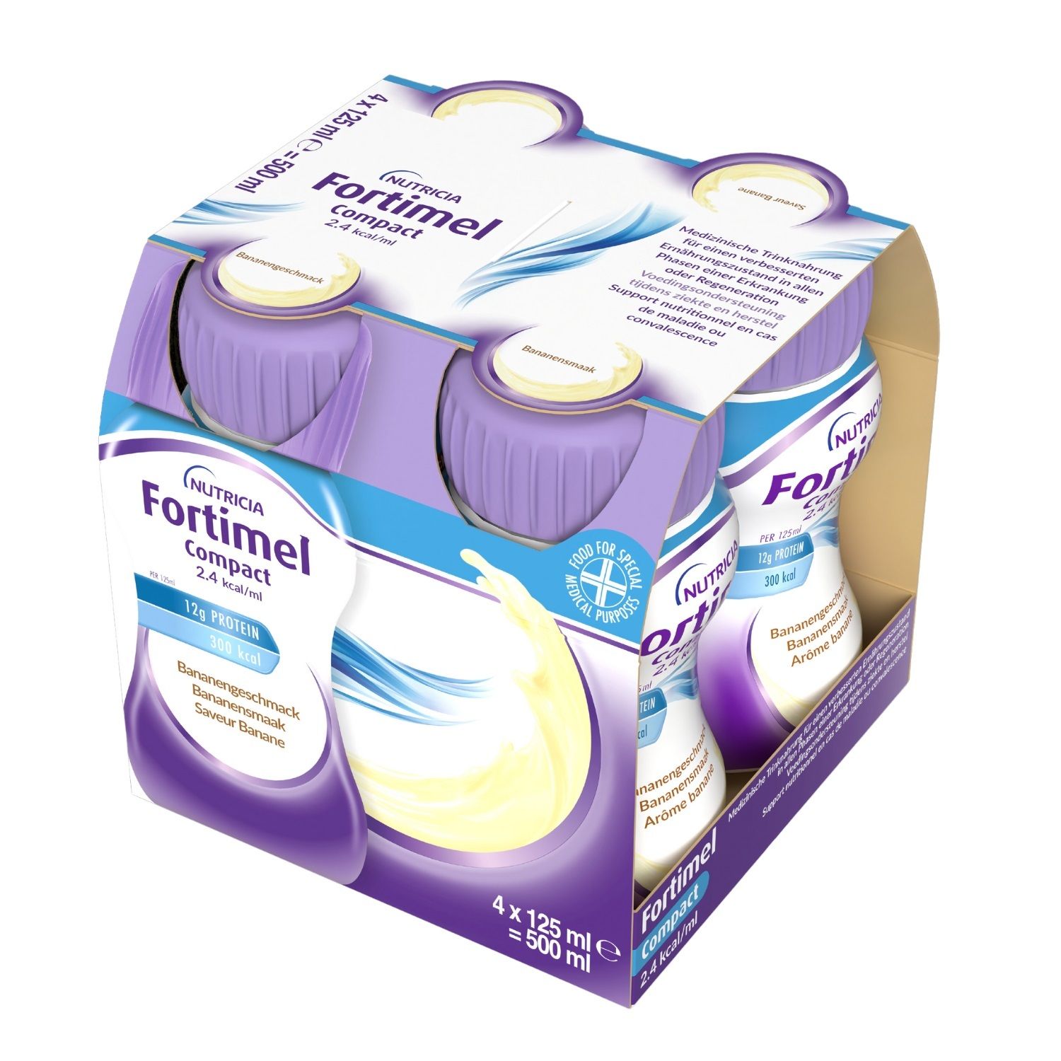Emballage de quatre bouteilles. Inscription : Fortimel Compact 2.4 kcal/ml. Informations nutritionnelles.