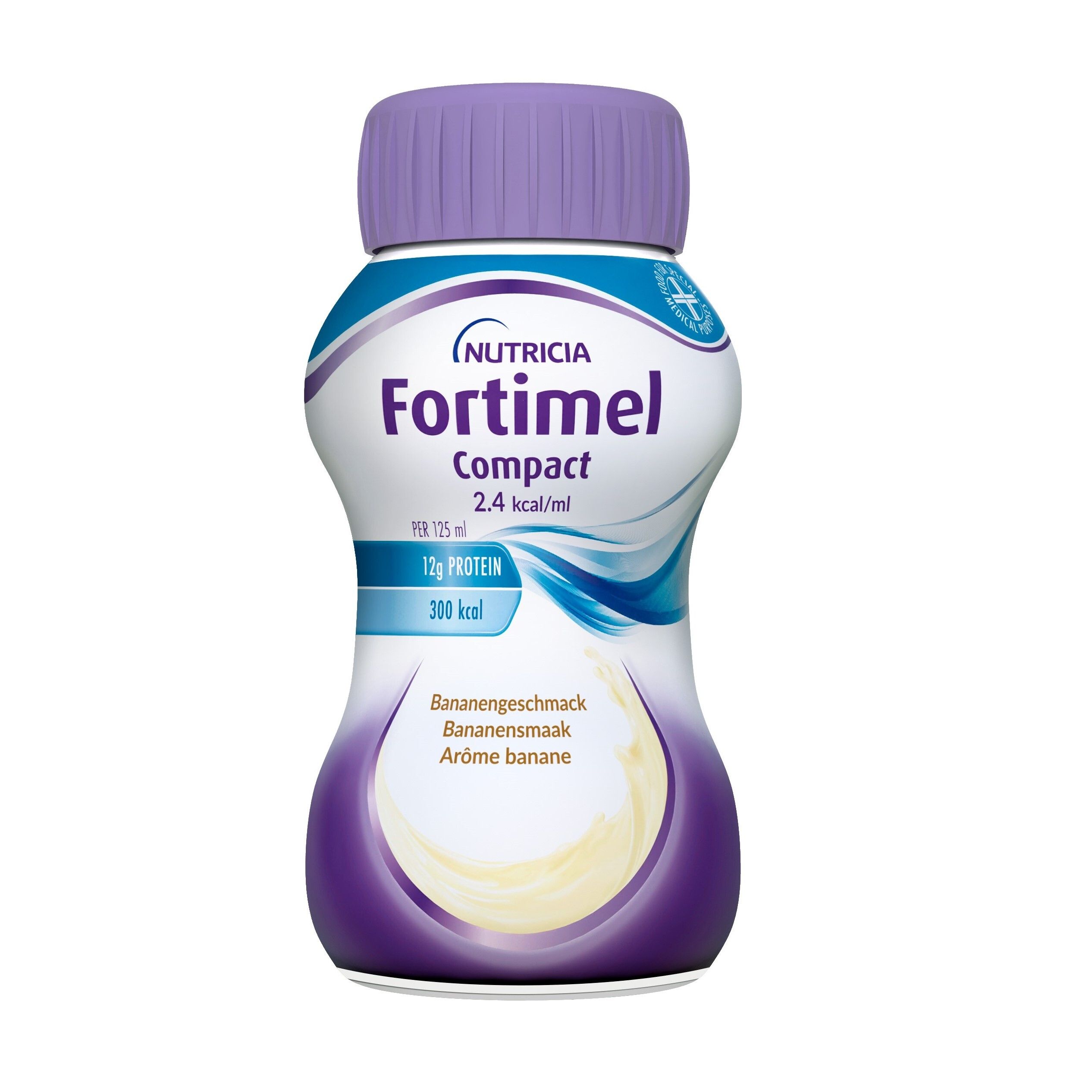 Emballage de quatre bouteilles. Inscription : Fortimel Compact 2.4 kcal/ml. Saveur banane.