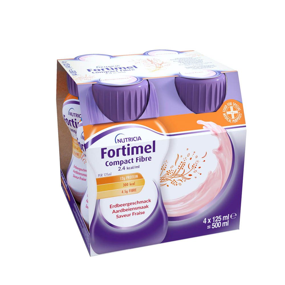 Fortimel Compact Fibre flesjes, aardbeiensmaak, in verpakking. Merk Nutricia.
