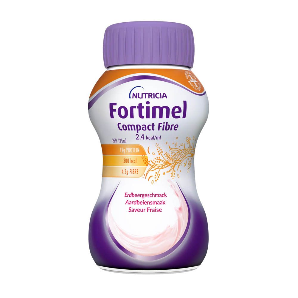 Bouteille Fortimel Compact Fibre, saveur fraise. Marque Nutricia.