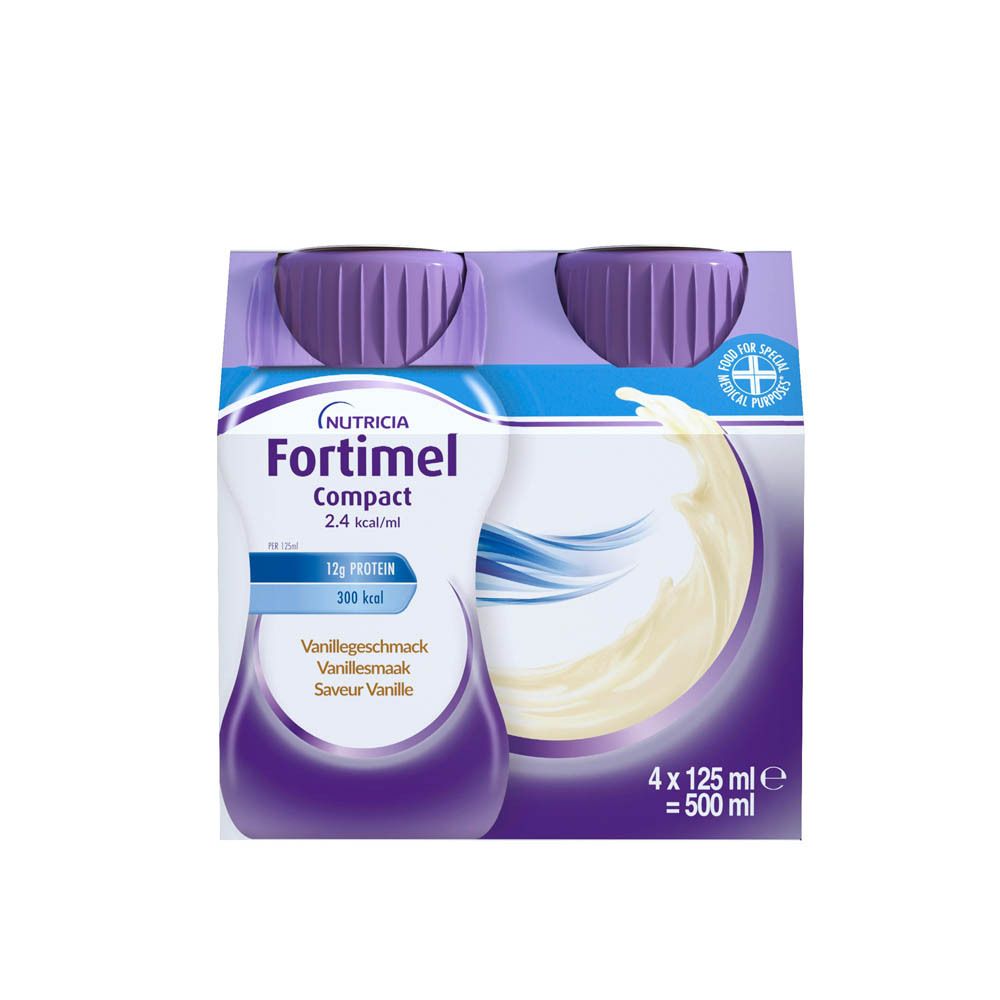 Pack de quatre bouteilles Fortimel Compact. Saveur vanille. 12g protéines, 300 kcal. Bouchons violets.