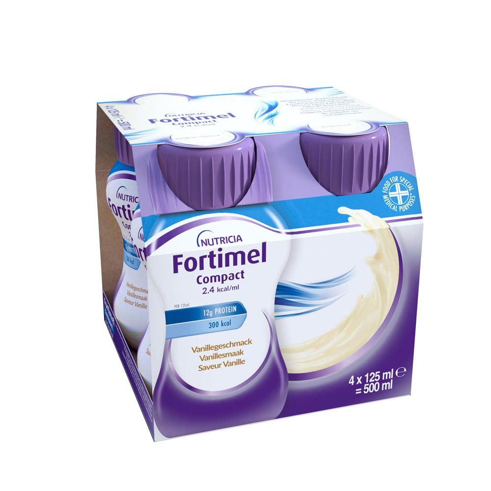 Pack de quatre bouteilles Fortimel Compact. Saveur vanille. 12g protéines, 300 kcal. Bouchons violets.