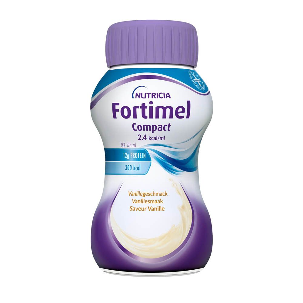 Pack de quatre bouteilles Fortimel Compact. Saveur vanille. 12g protéines, 300 kcal. Bouchons violets.