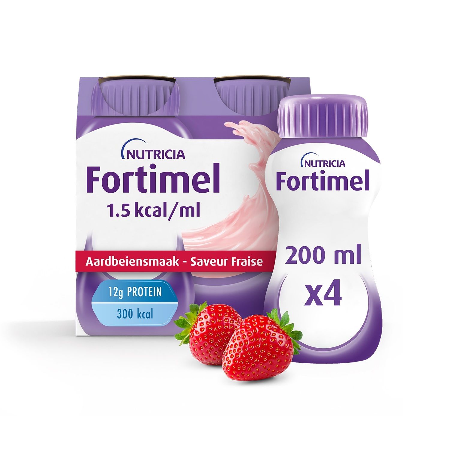 Bouteille Fortimel 1,5 kcal/ml, goût fraise. Bouchon violet, liquide rose. Fraises à côté.