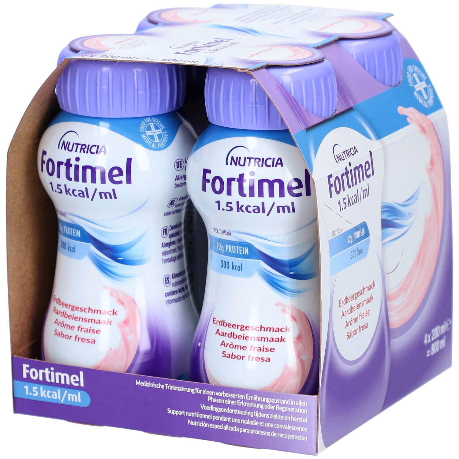 Emballage de 4 bouteilles Fortimel 1,5 kcal/ml, goût fraise. Bouchons violets, liquide rose.