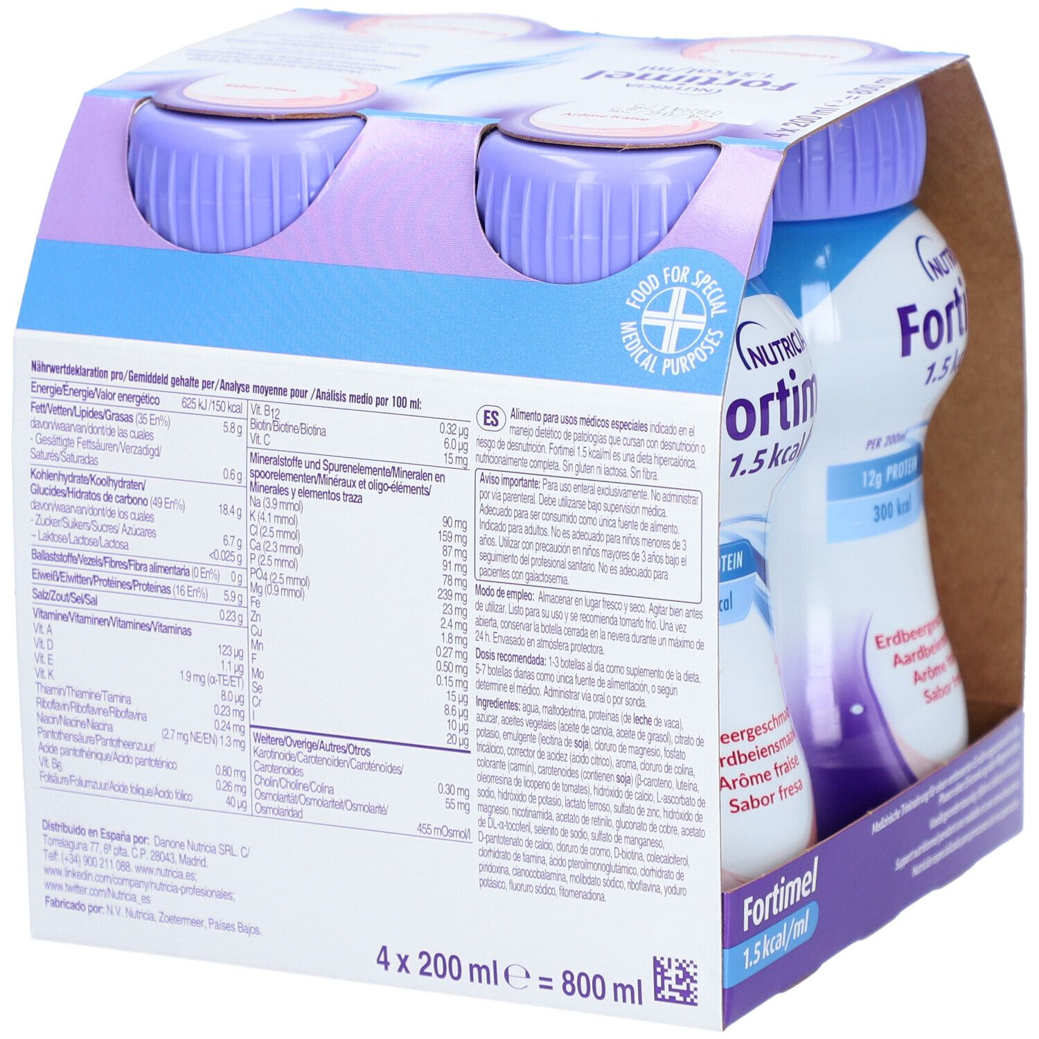Emballage de 4 bouteilles Fortimel 1,5 kcal/ml, goût fraise. Bouchons violets, liquide rose.