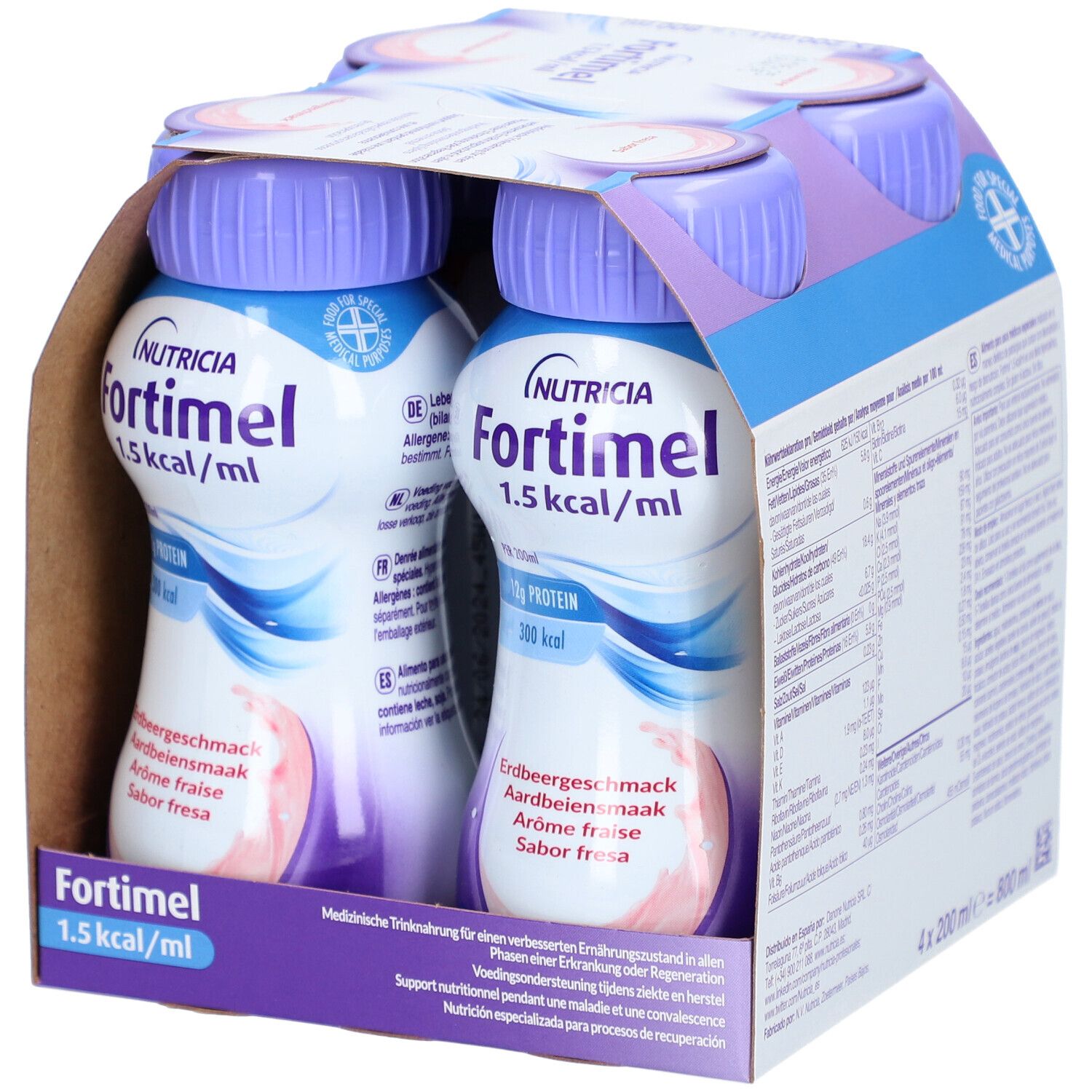 Emballage de 4 bouteilles Fortimel 1,5 kcal/ml, goût fraise. Bouchons violets, liquide rose.