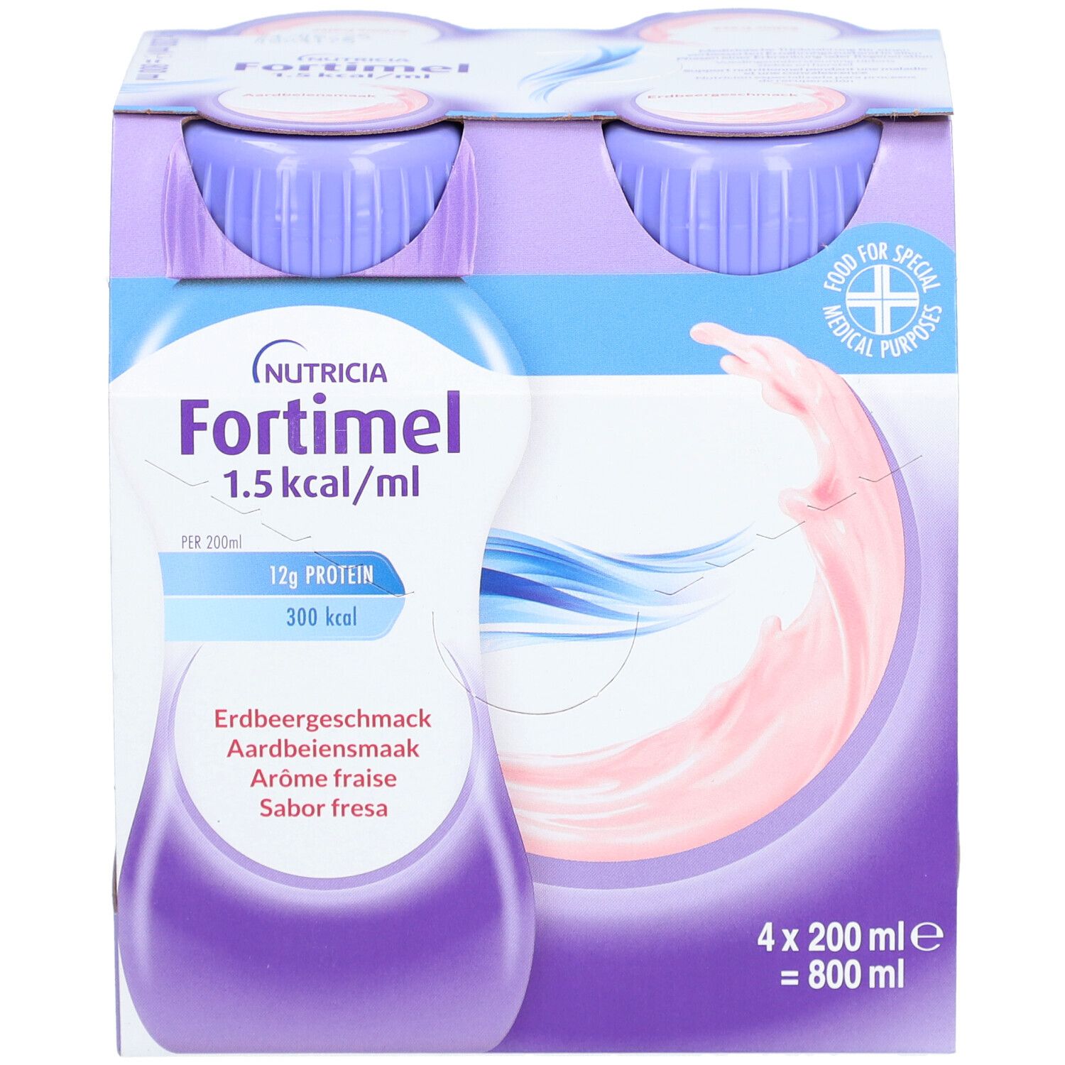 Emballage de 4 bouteilles Fortimel 1,5 kcal/ml, goût fraise. Bouchons violets, liquide rose.