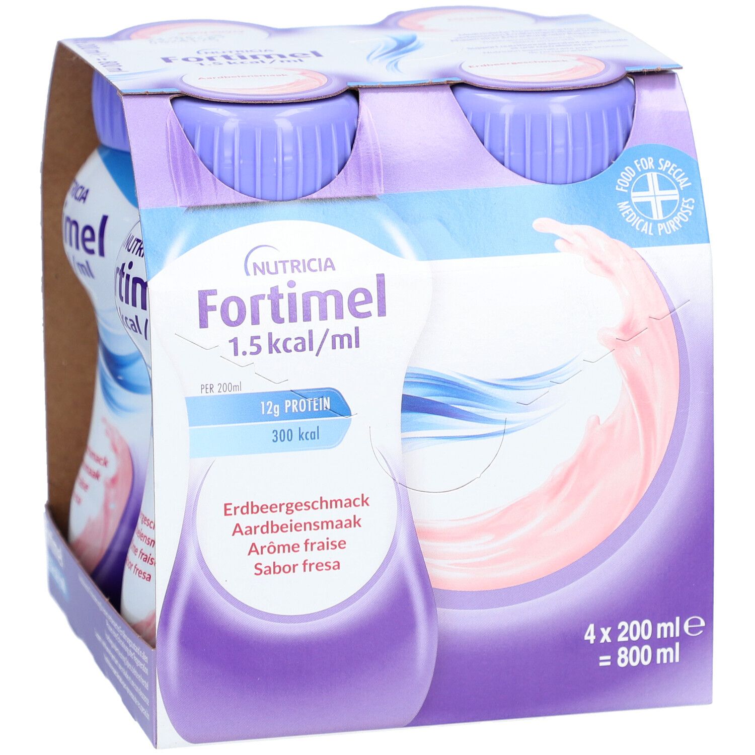 Emballage de 4 bouteilles Fortimel 1,5 kcal/ml, goût fraise. Bouchons violets, liquide rose.