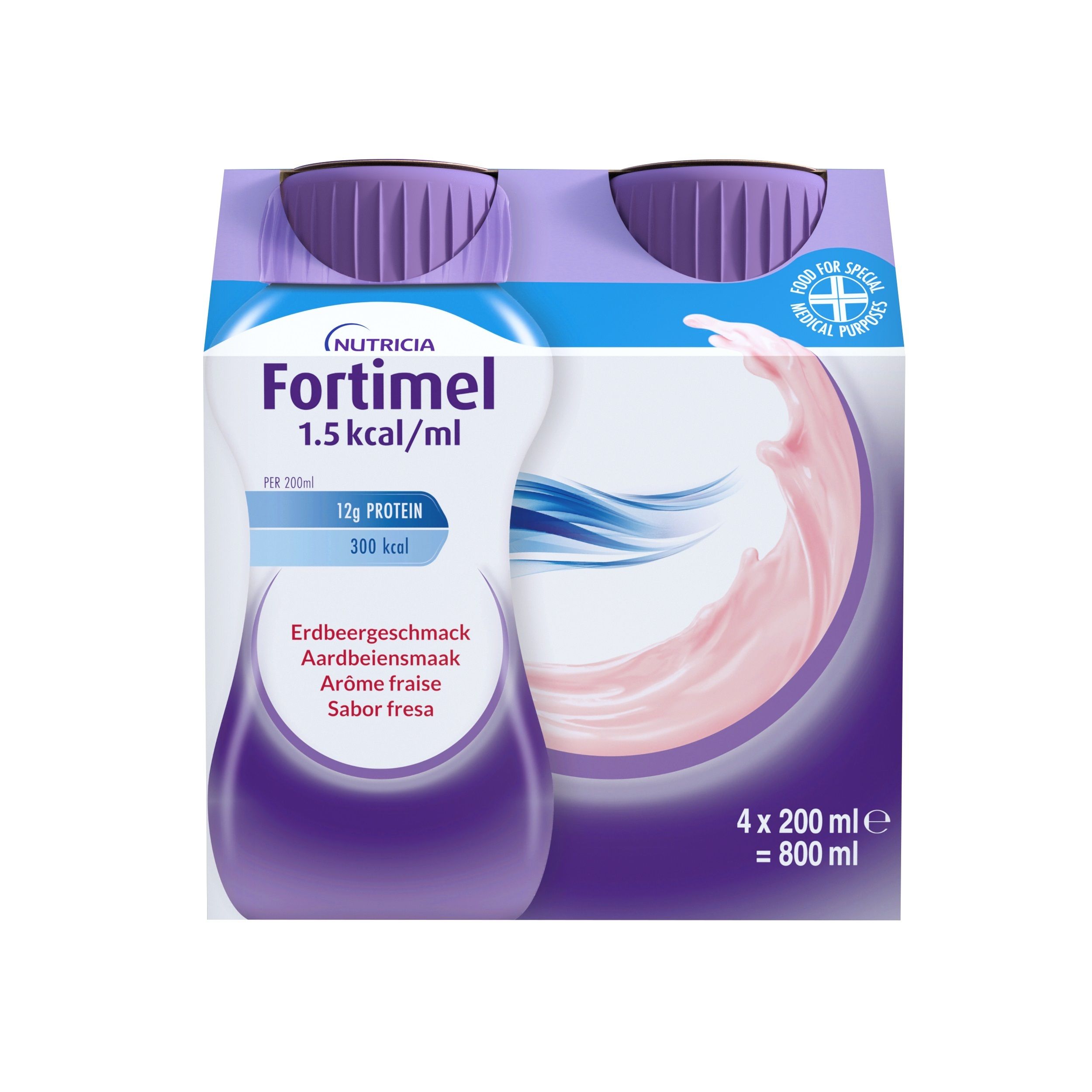 Emballage de 4 bouteilles Fortimel 1,5 kcal/ml, goût fraise. Bouchons violets, liquide rose.