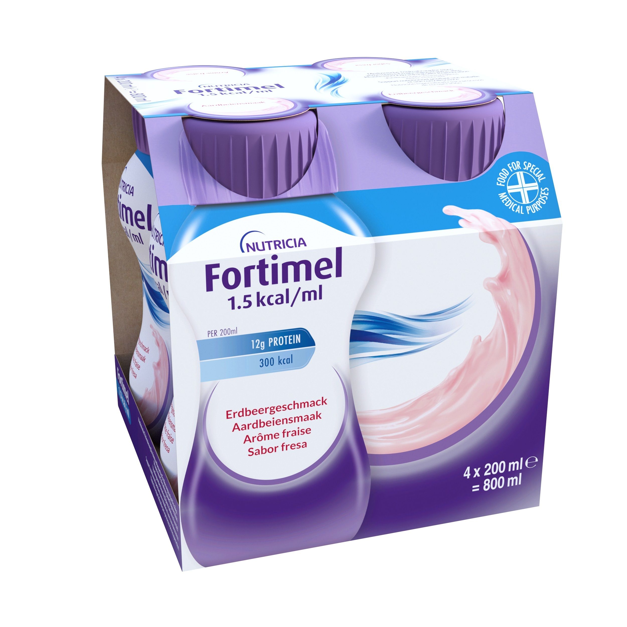 Emballage de 4 bouteilles Fortimel 1,5 kcal/ml, goût fraise. Bouchons violets, liquide rose.