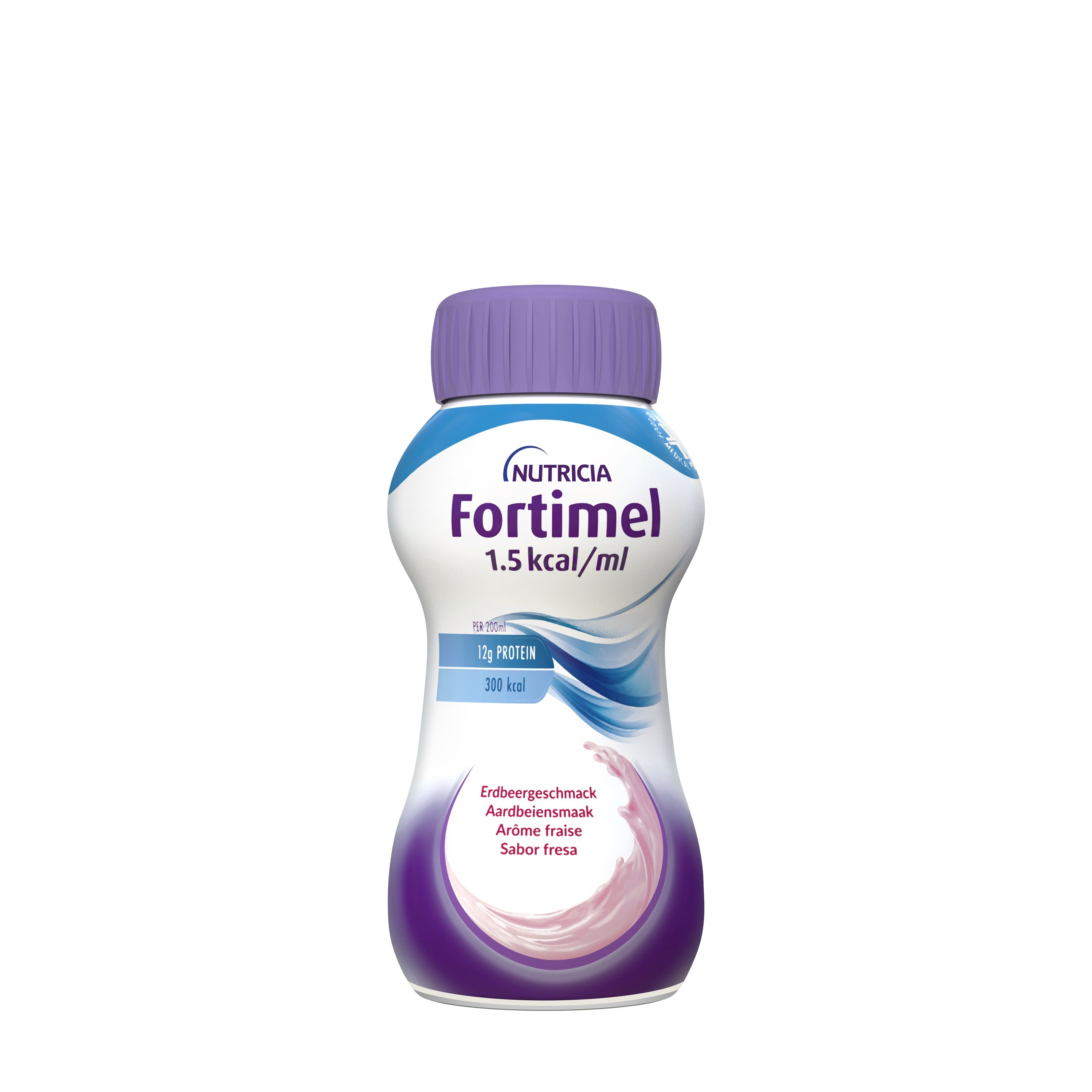 Bouteille unique Fortimel 1,5 kcal/ml, goût fraise. Bouchon violet, liquide rose.