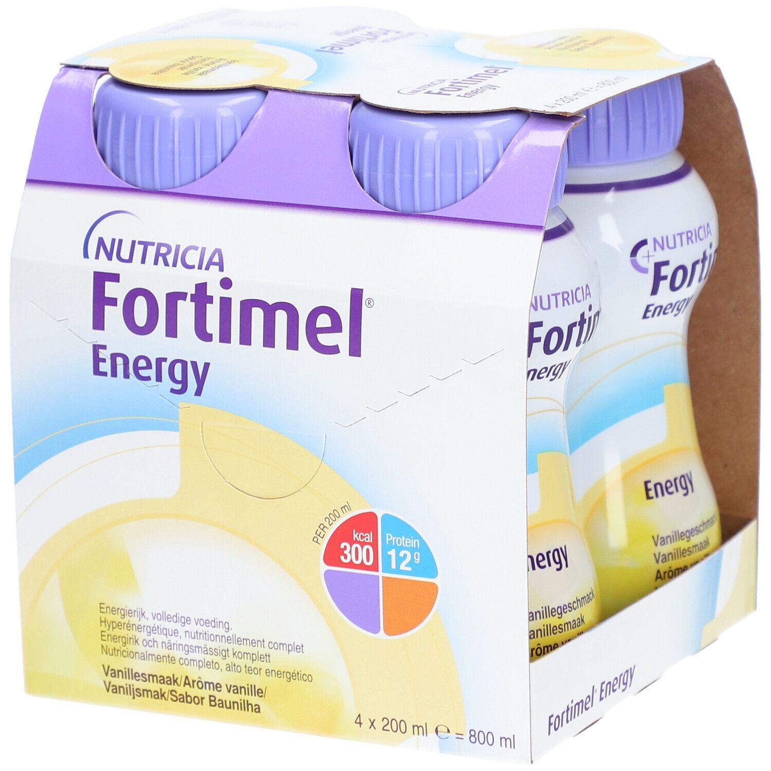Pack de 4 bouteilles. Inscription Fortimel Energy, goût vanille. Marque Nutricia.