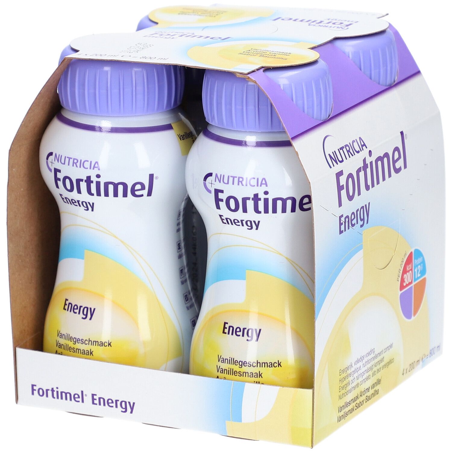 Pack de 4 bouteilles. Inscription Fortimel Energy, goût vanille. Marque Nutricia.