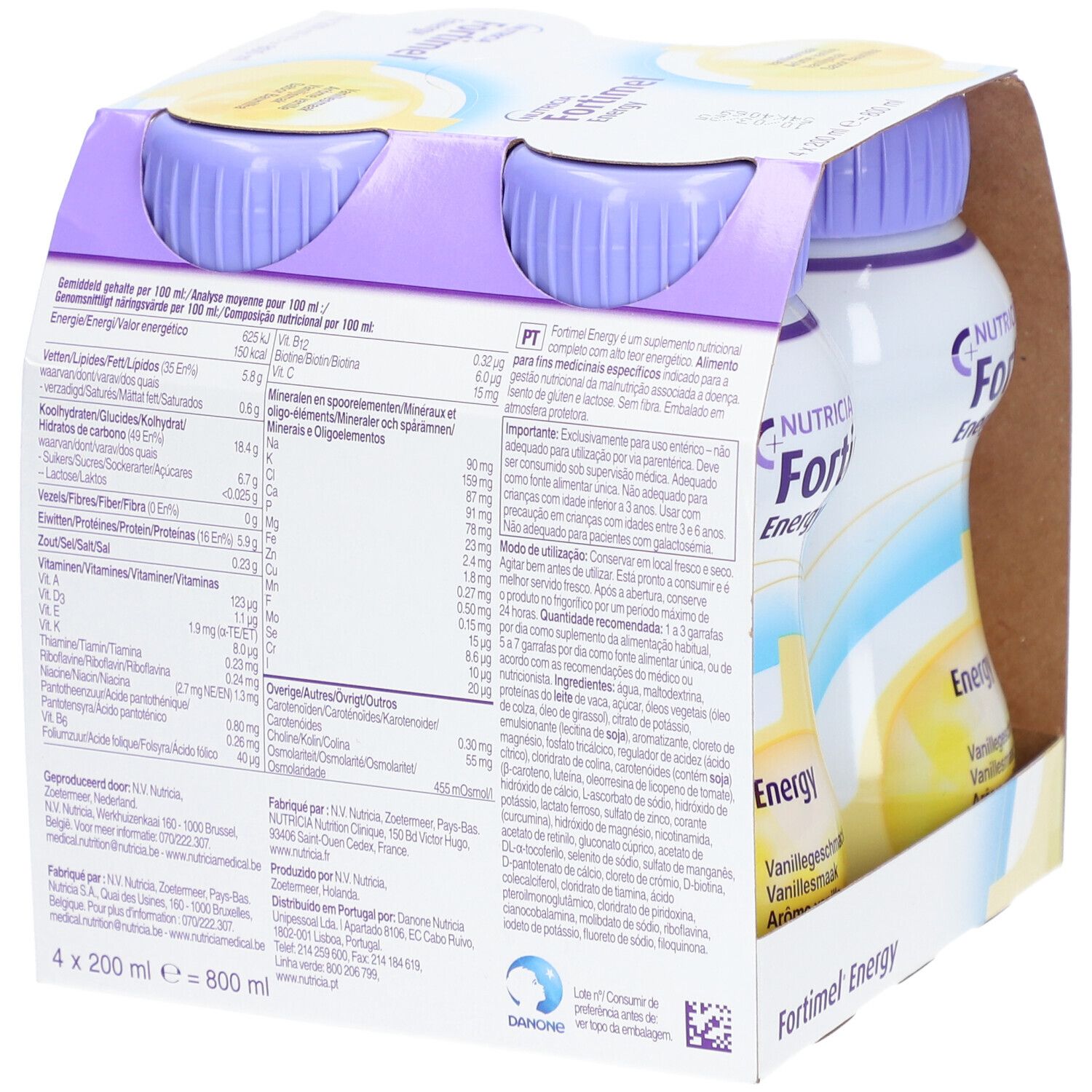 Pack de 4 bouteilles. Inscription Fortimel Energy, goût vanille. Marque Nutricia.