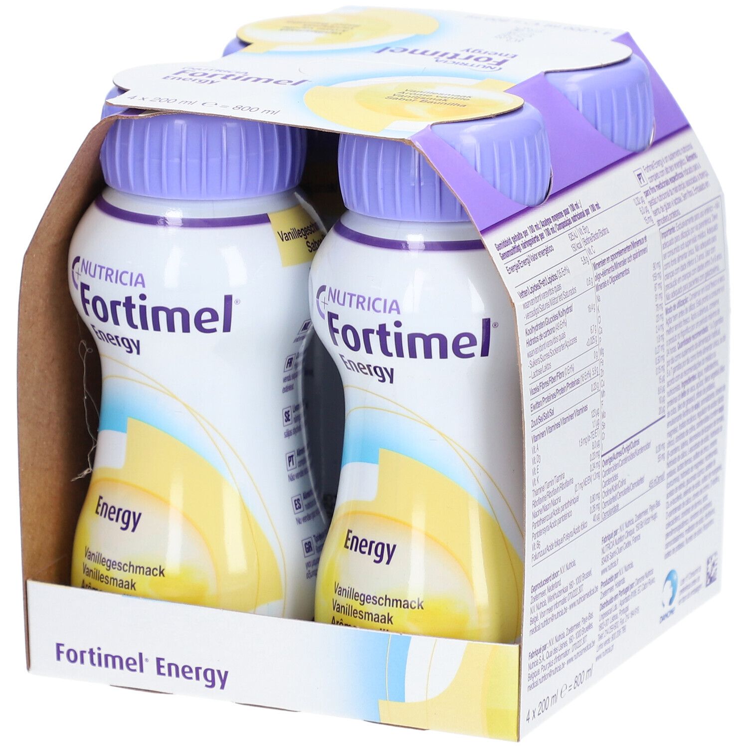 Pack de 4 bouteilles. Inscription Fortimel Energy, goût vanille. Marque Nutricia.