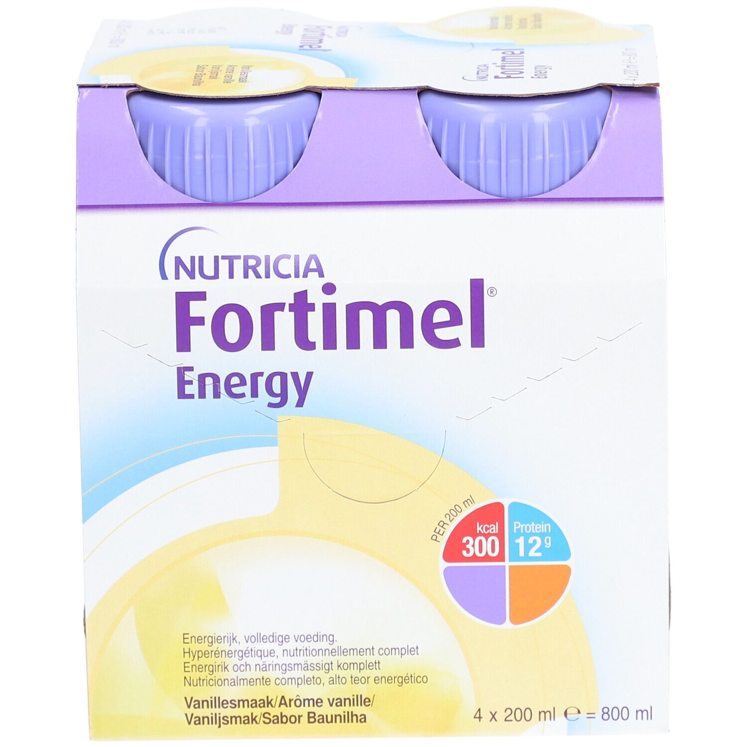 Pack de 4 bouteilles. Inscription Fortimel Energy, goût vanille. Marque Nutricia.