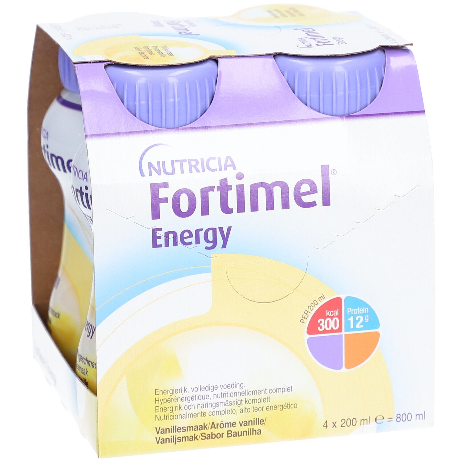 Pack de 4 bouteilles. Inscription Fortimel Energy, goût vanille. Marque Nutricia.