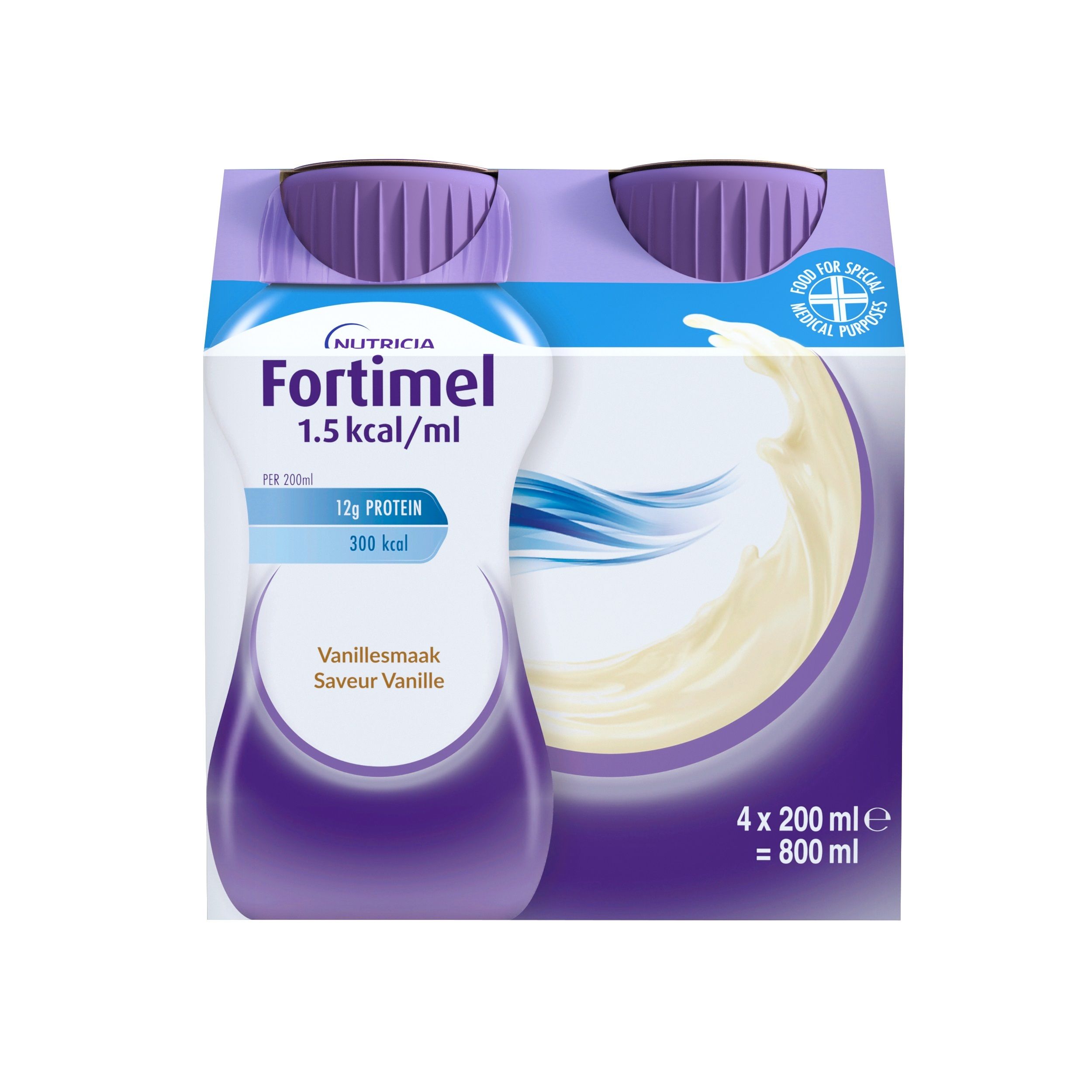 Pack de 4 bouteilles. Inscription Fortimel 1,5 kcal/ml, goût vanille. Marque Nutricia.