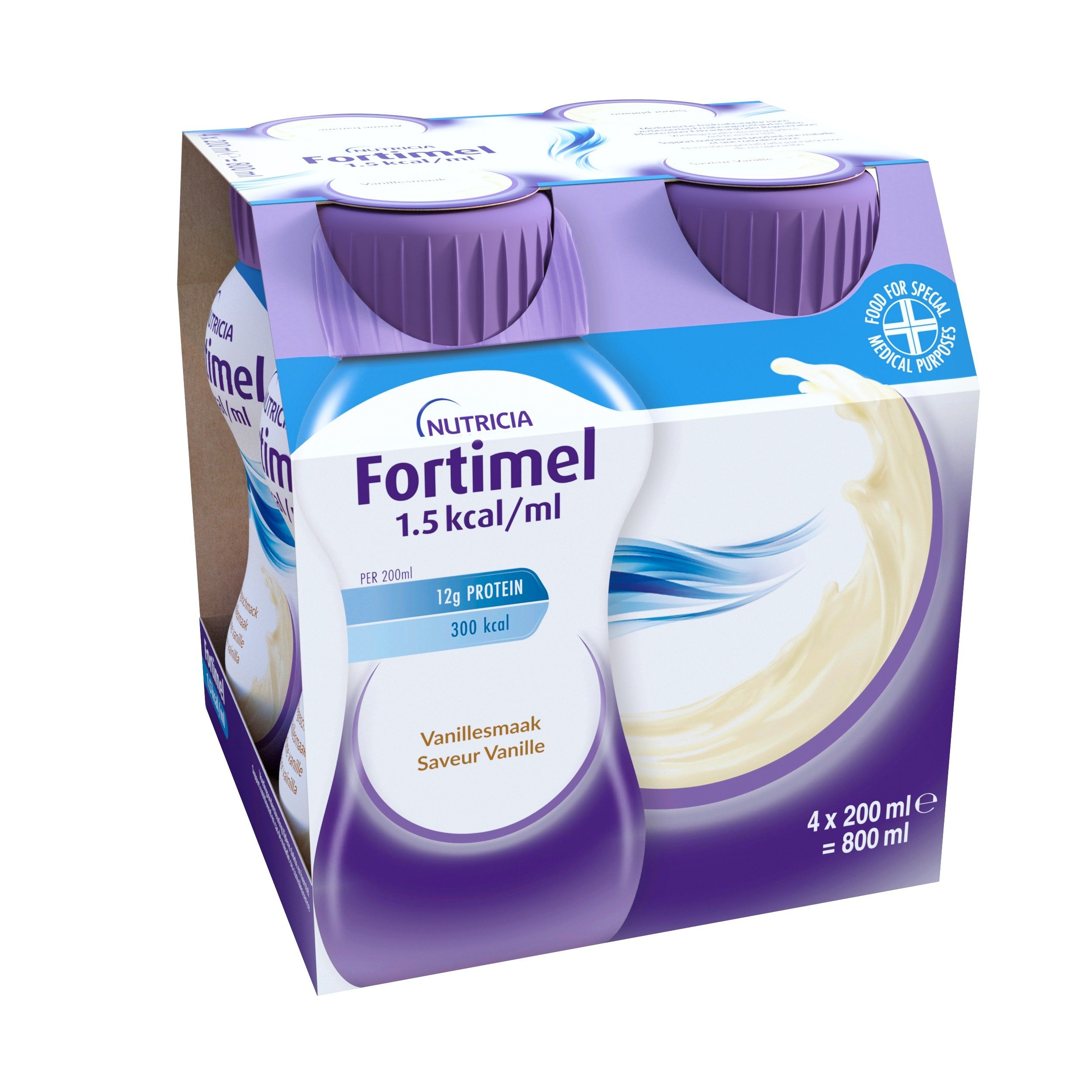 Pack de 4 bouteilles. Inscription Fortimel 1,5 kcal/ml, goût vanille. Marque Nutricia.