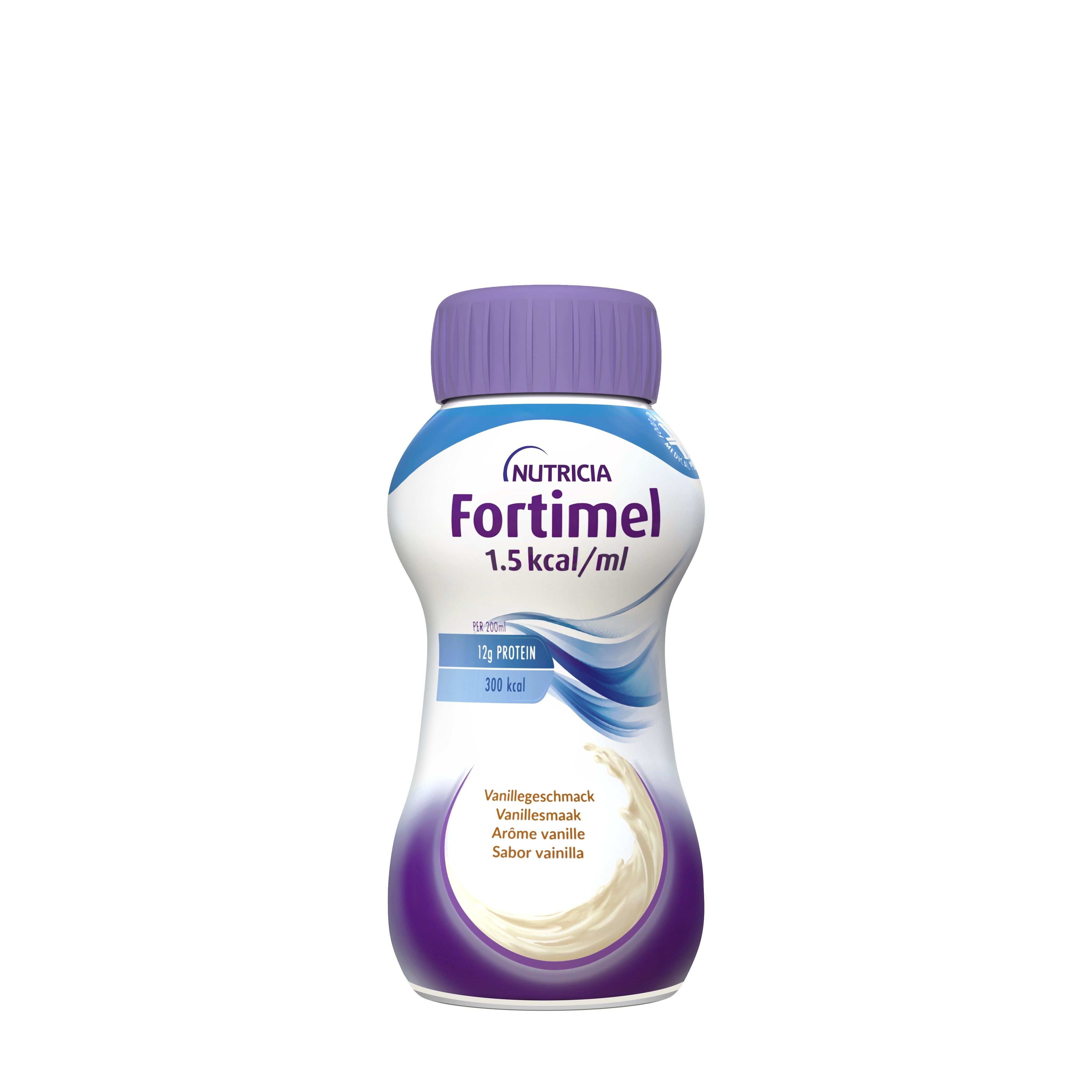 Bouteille Fortimel 1,5 kcal/ml, goût vanille. Marque Nutricia.