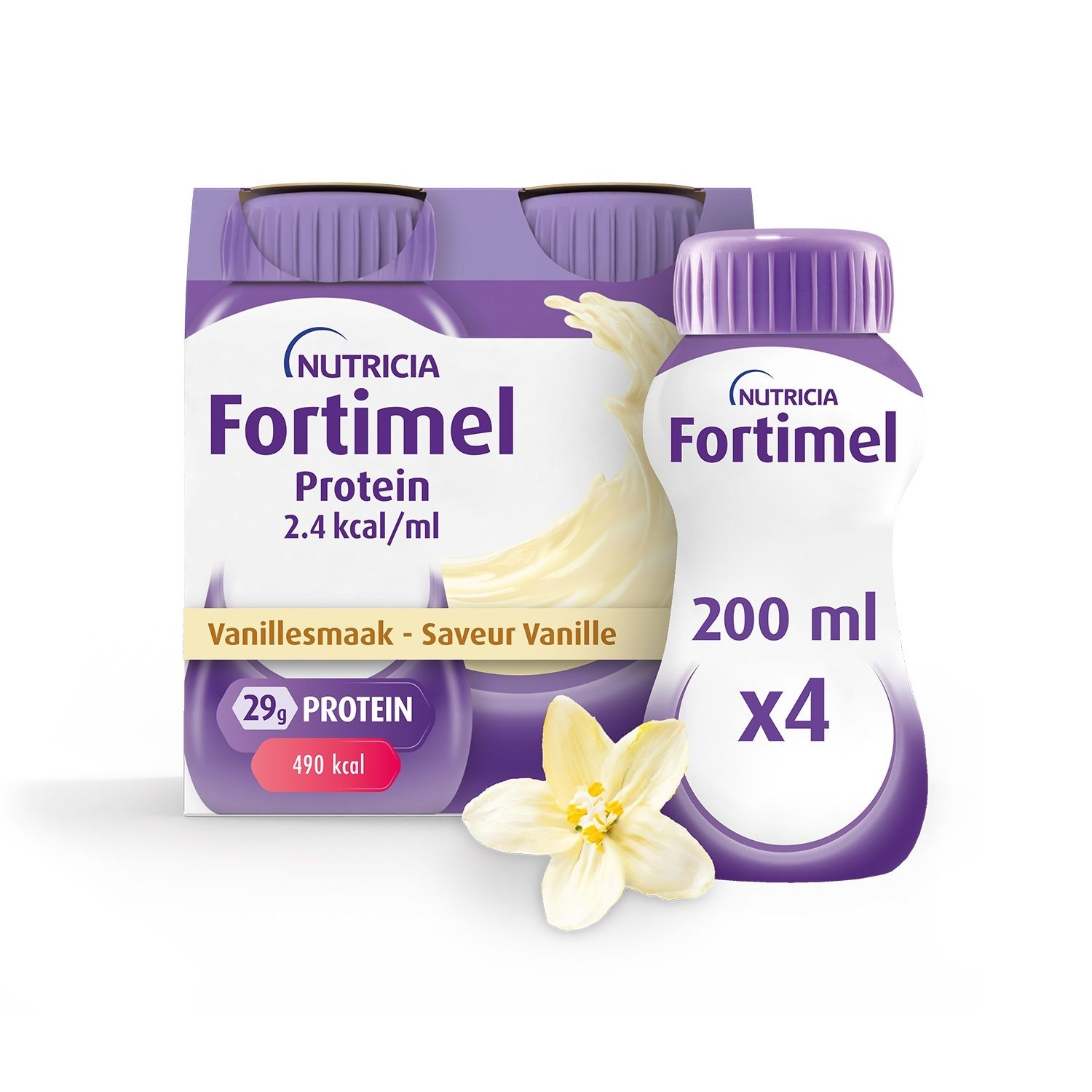 Fortimel Protein 2.4 kcal/ml, goût vanille. Bouteille et pack de 4 bouteilles. Inscription : Nutricia Fortimel Protein.