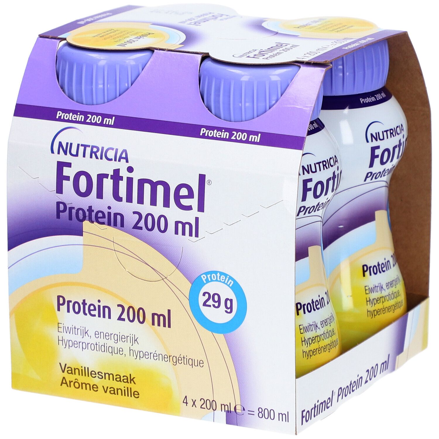 Pack de 4 bouteilles Fortimel Protein 200 ml, goût vanille. Bouteilles à bouchon violet. Inscription : Nutricia Fortimel Protein.
