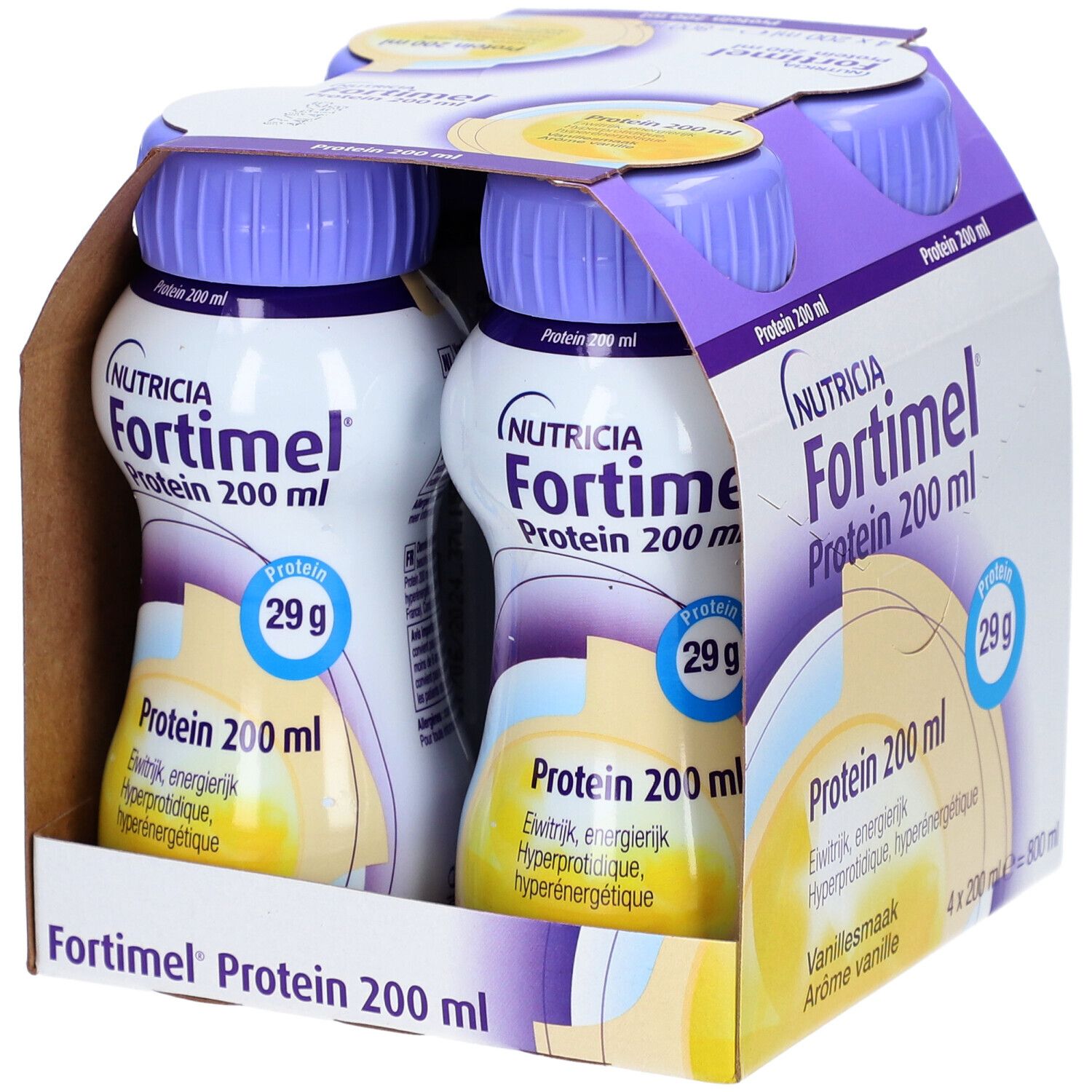 Pack de 4 bouteilles Fortimel Protein 200 ml, goût vanille. Bouteilles à bouchon violet. Inscription : Nutricia Fortimel Protein.