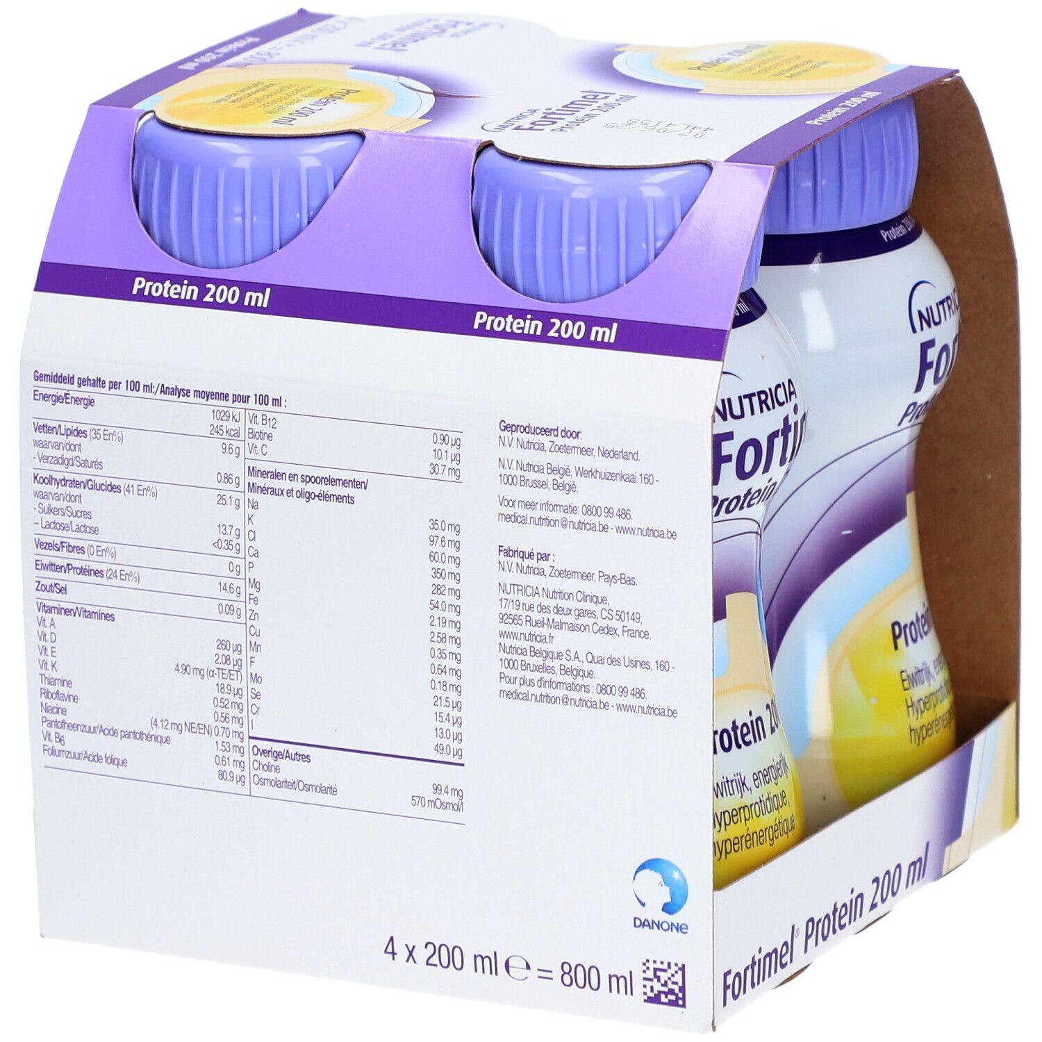 Dos du pack de 4 bouteilles Fortimel Protein 200 ml. Contient des informations nutritionnelles et des coordonnées.