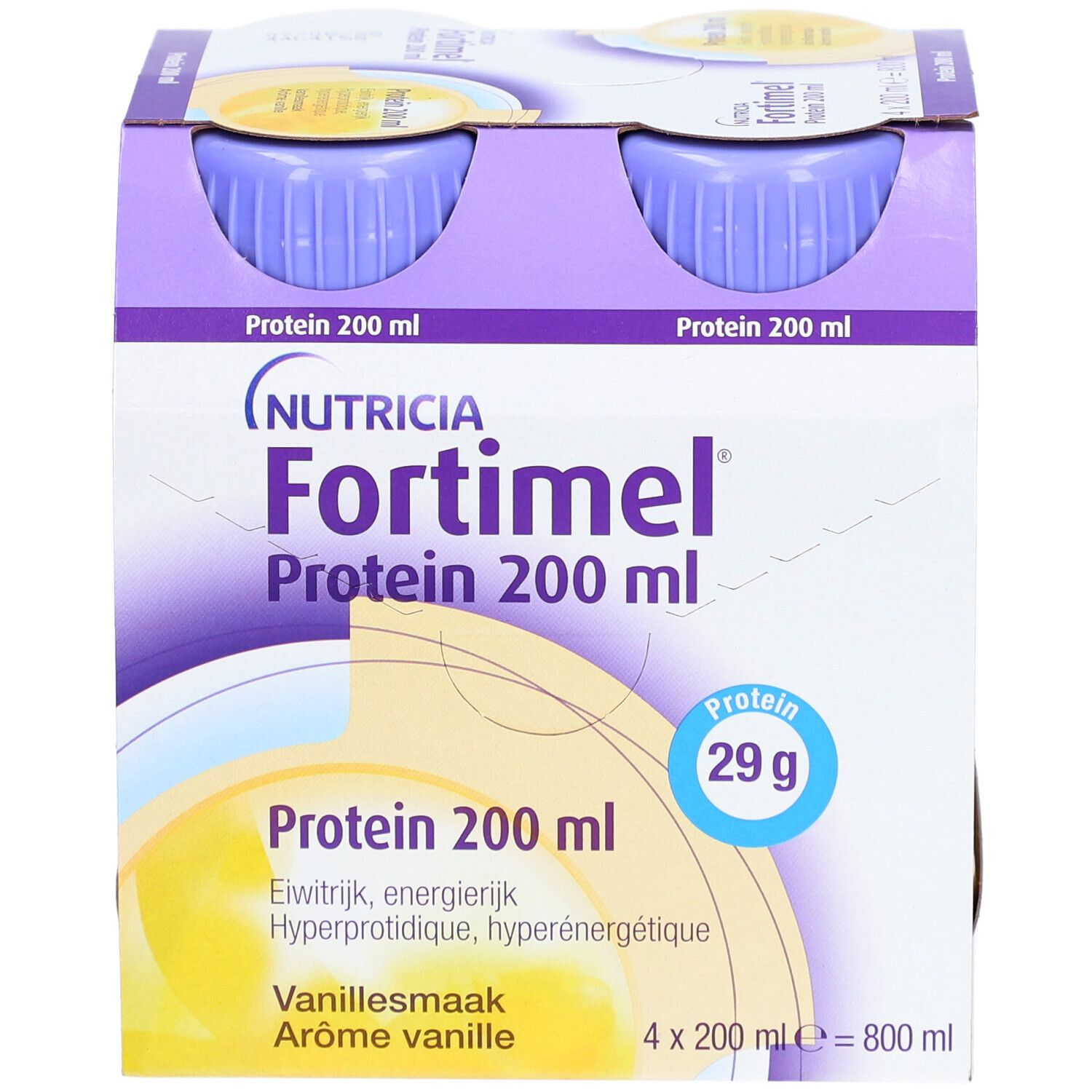 Pack de 4 bouteilles Fortimel Protein 200 ml, goût vanille. Bouteilles à bouchon violet. Inscription : Nutricia Fortimel Protein.
