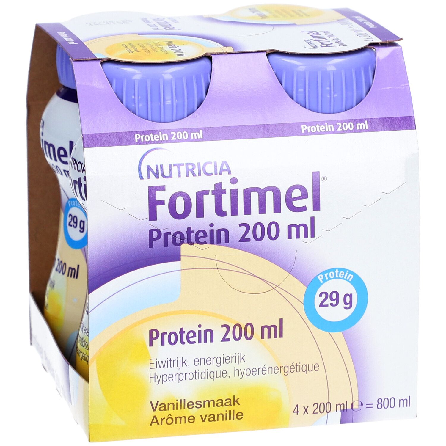 Pack de 4 bouteilles Fortimel Protein 200 ml, goût vanille. Bouteilles à bouchon violet. Inscription : Nutricia Fortimel Protein.